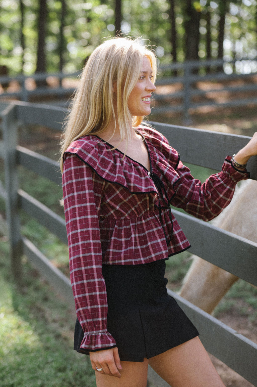 V Neck Plaid Top-Wine