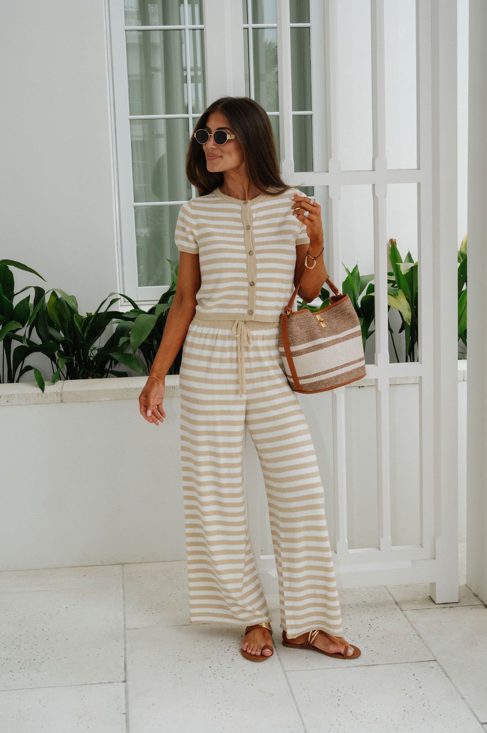Hastings Stripe Pants Set-Beige/White