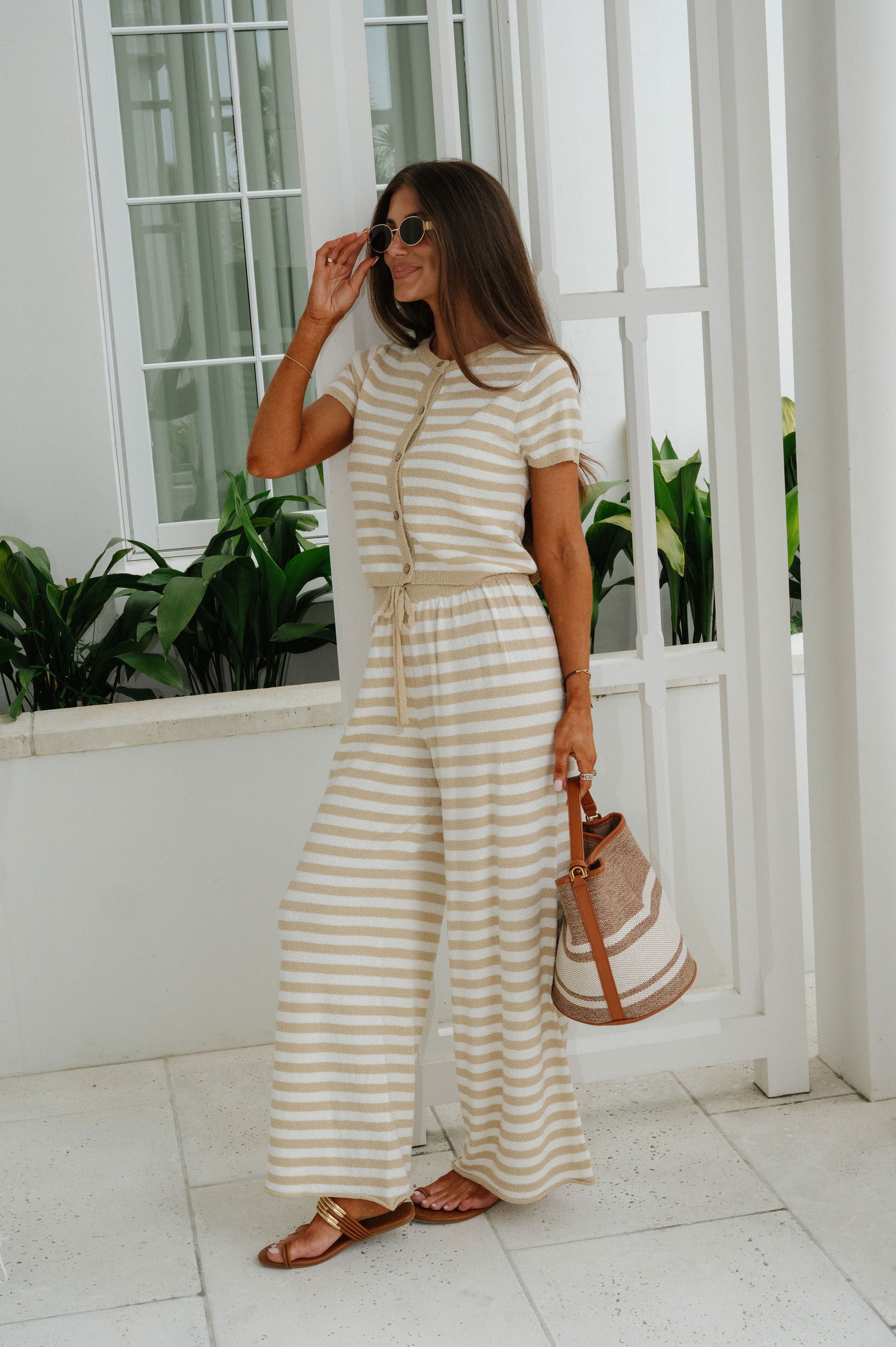 Hastings Stripe Pants Set-Beige/White