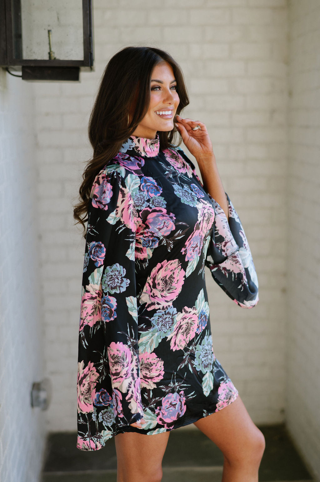 Bella Floral Satin Mini Dress-Black/Multi