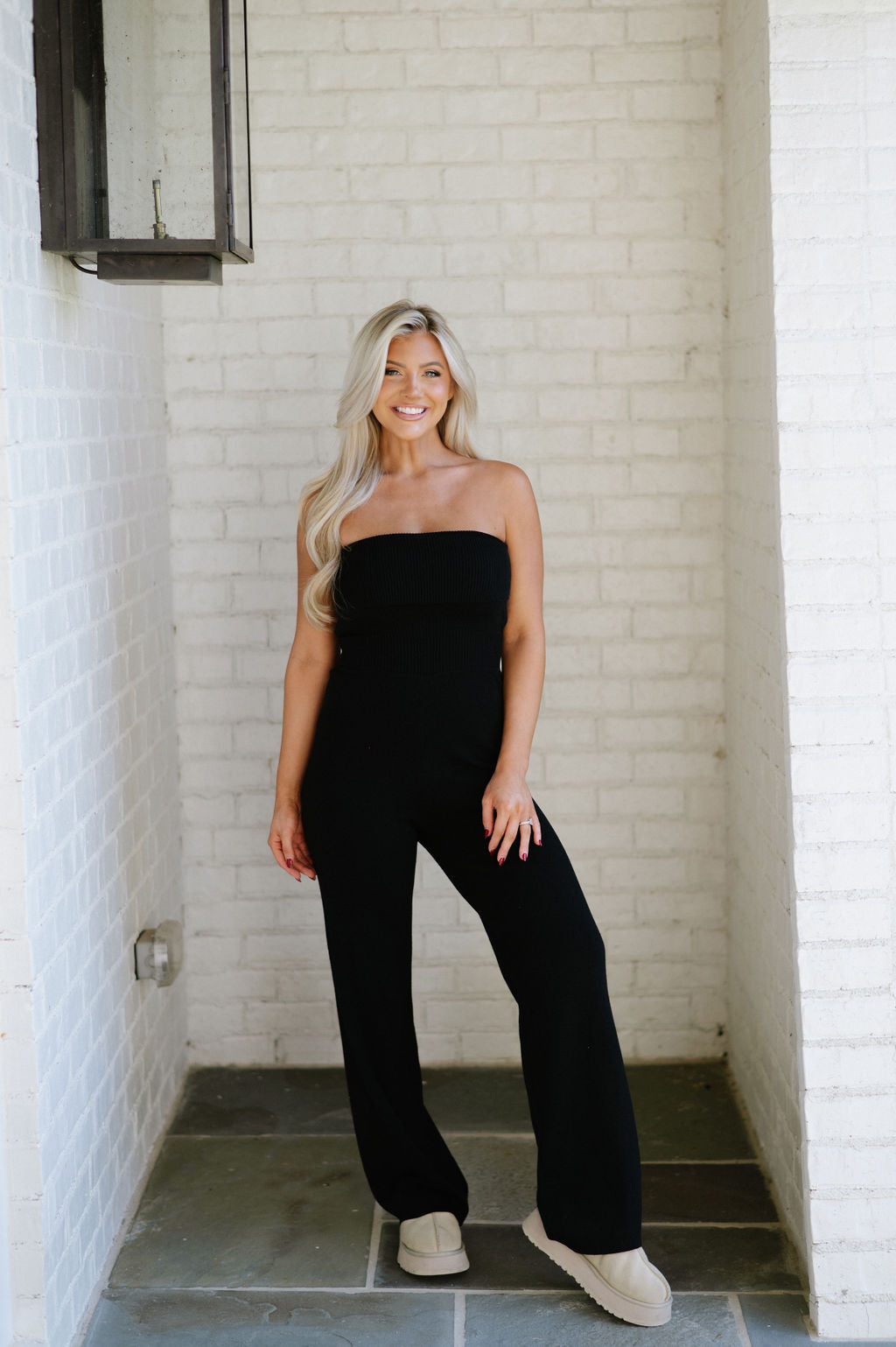 Foldover Bandeau Knit Jumpsuit-Black