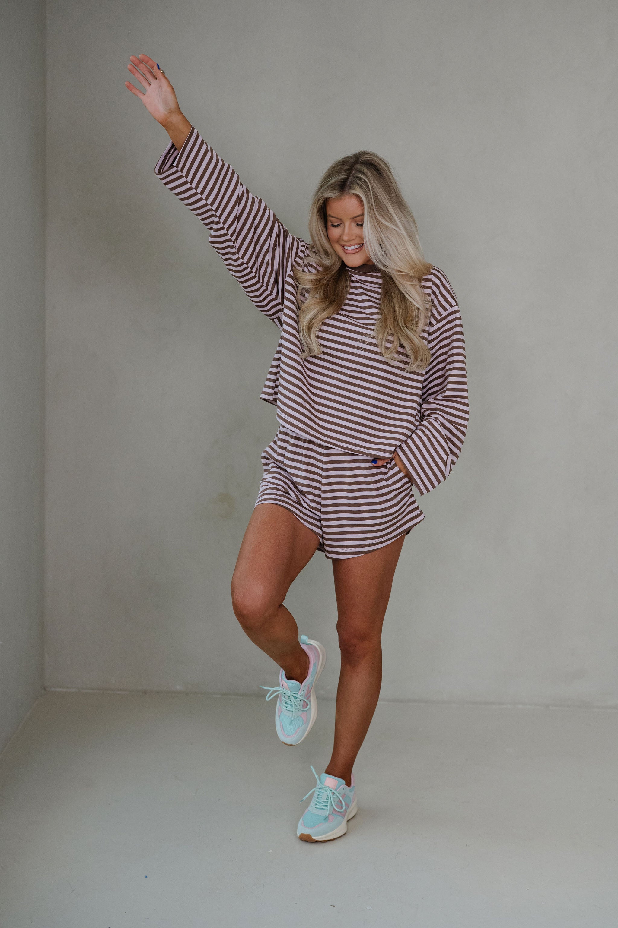 Anna Striped Shorts Set-Pink/Brown