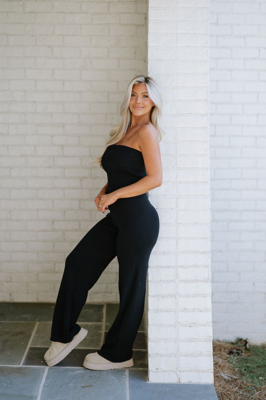 Foldover Bandeau Knit Jumpsuit-Black