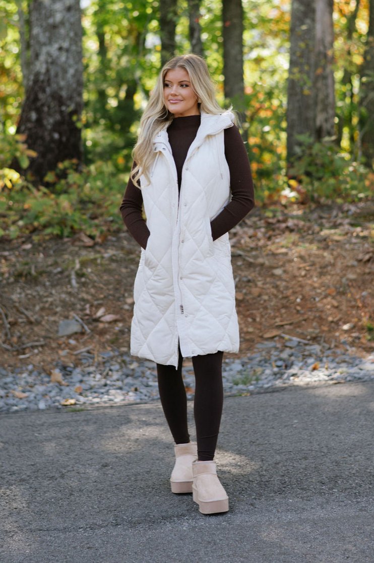 Leigh Quilted Long Vest- Cream