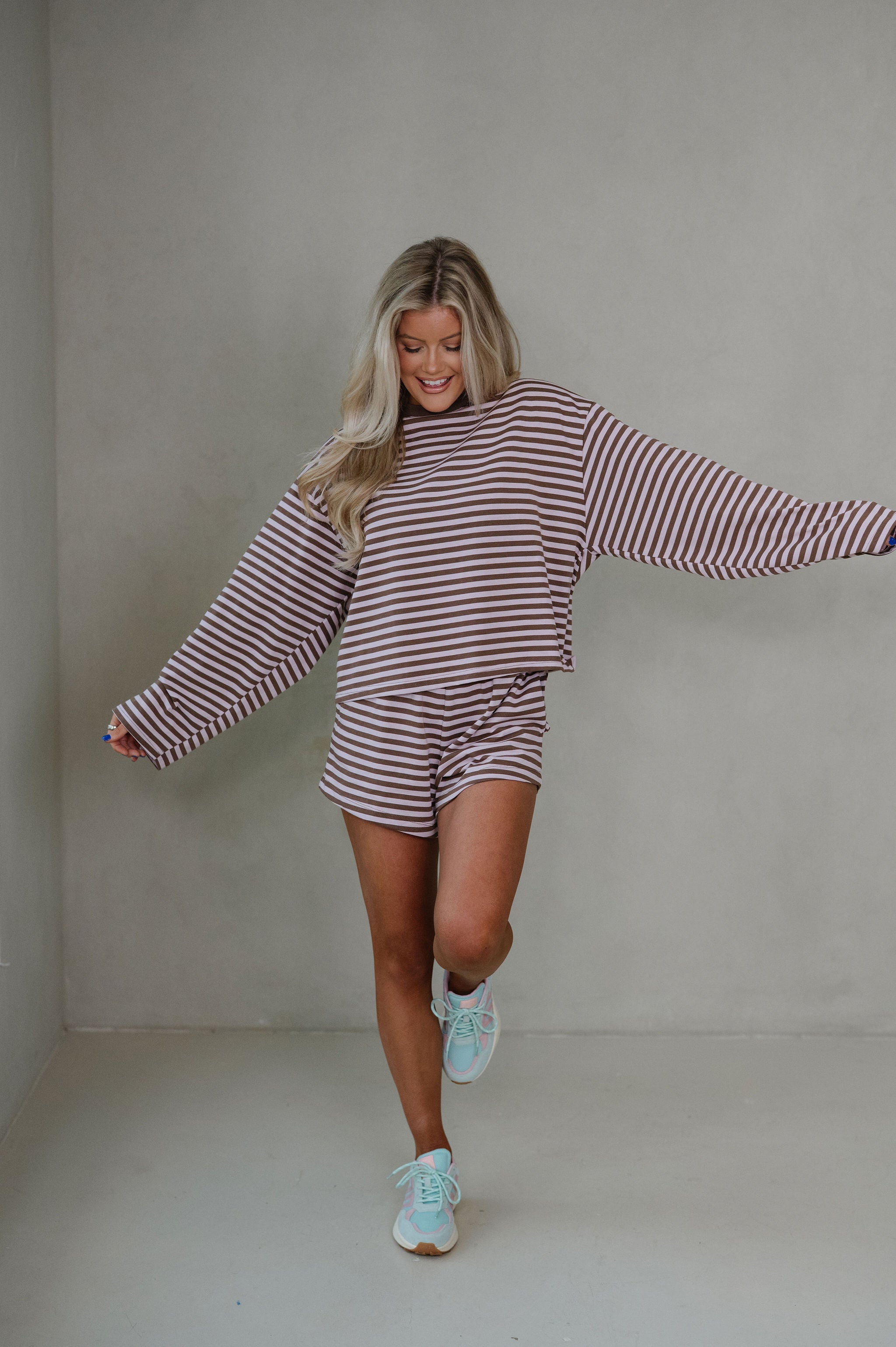 Anna Striped Shorts Set-Pink/Brown