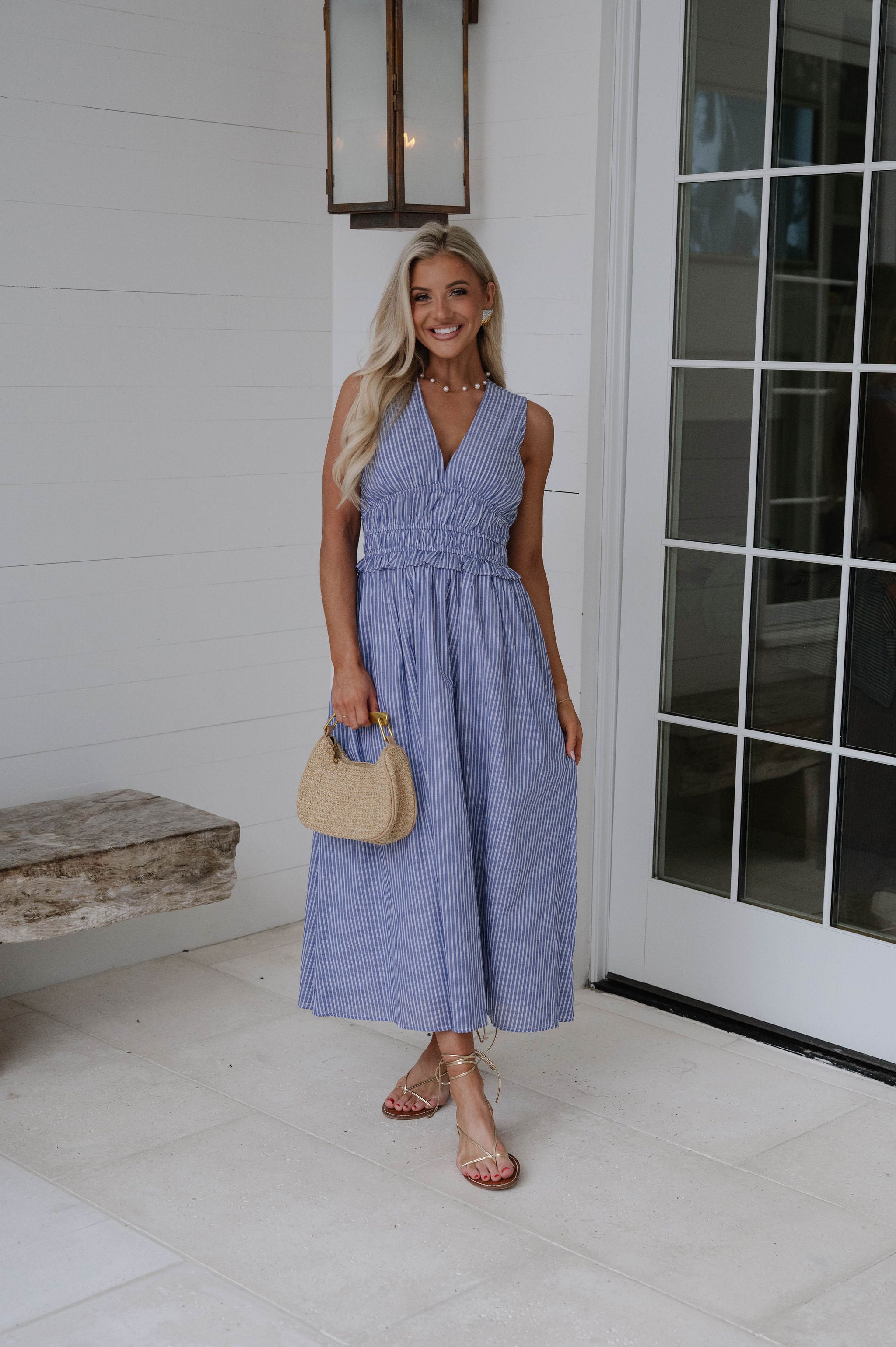 Alice Striped Midi Dress-Denim/White