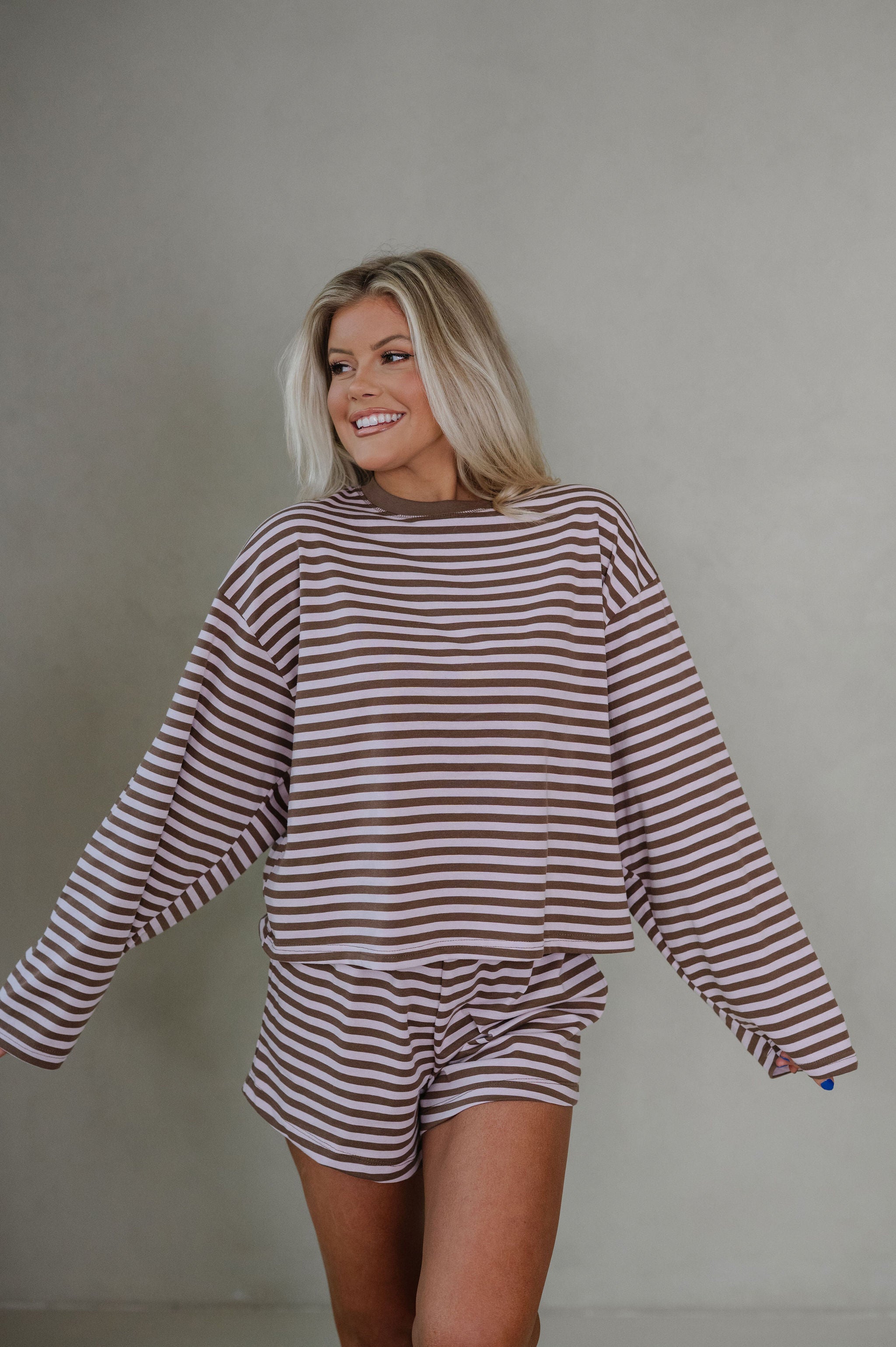 Anna Striped Shorts Set-Pink/Brown
