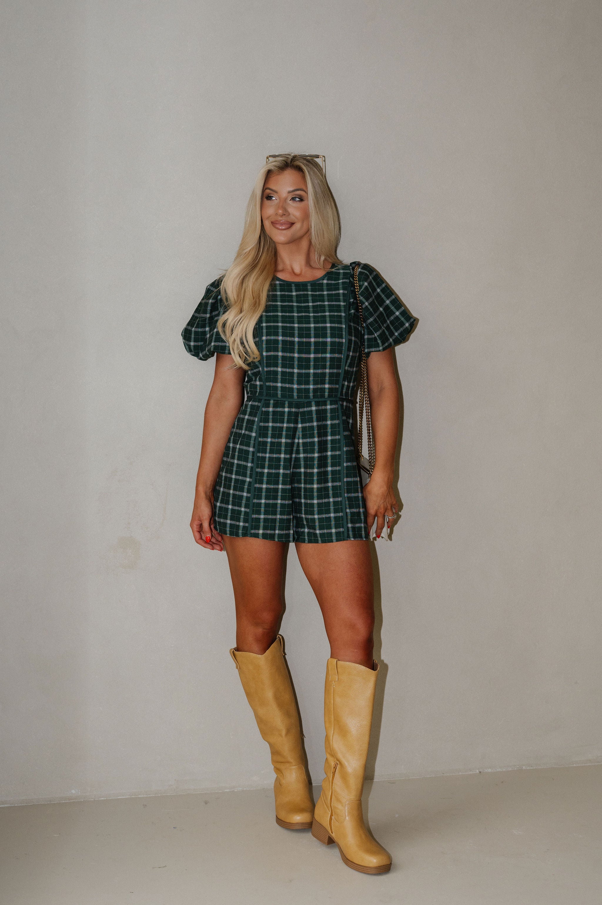 Plaid Puff Sleeve Romper-Green