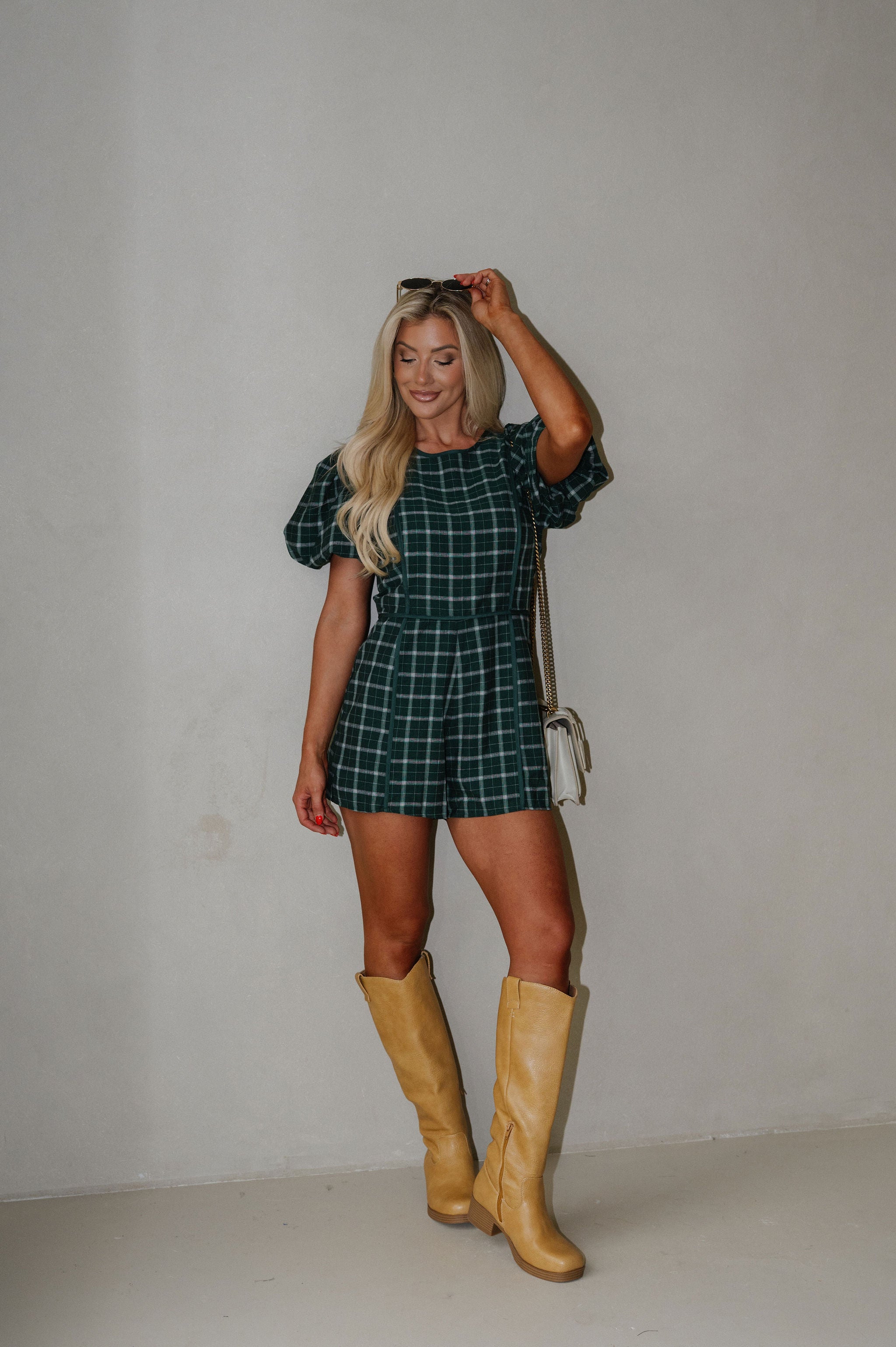 Plaid Puff Sleeve Romper-Green