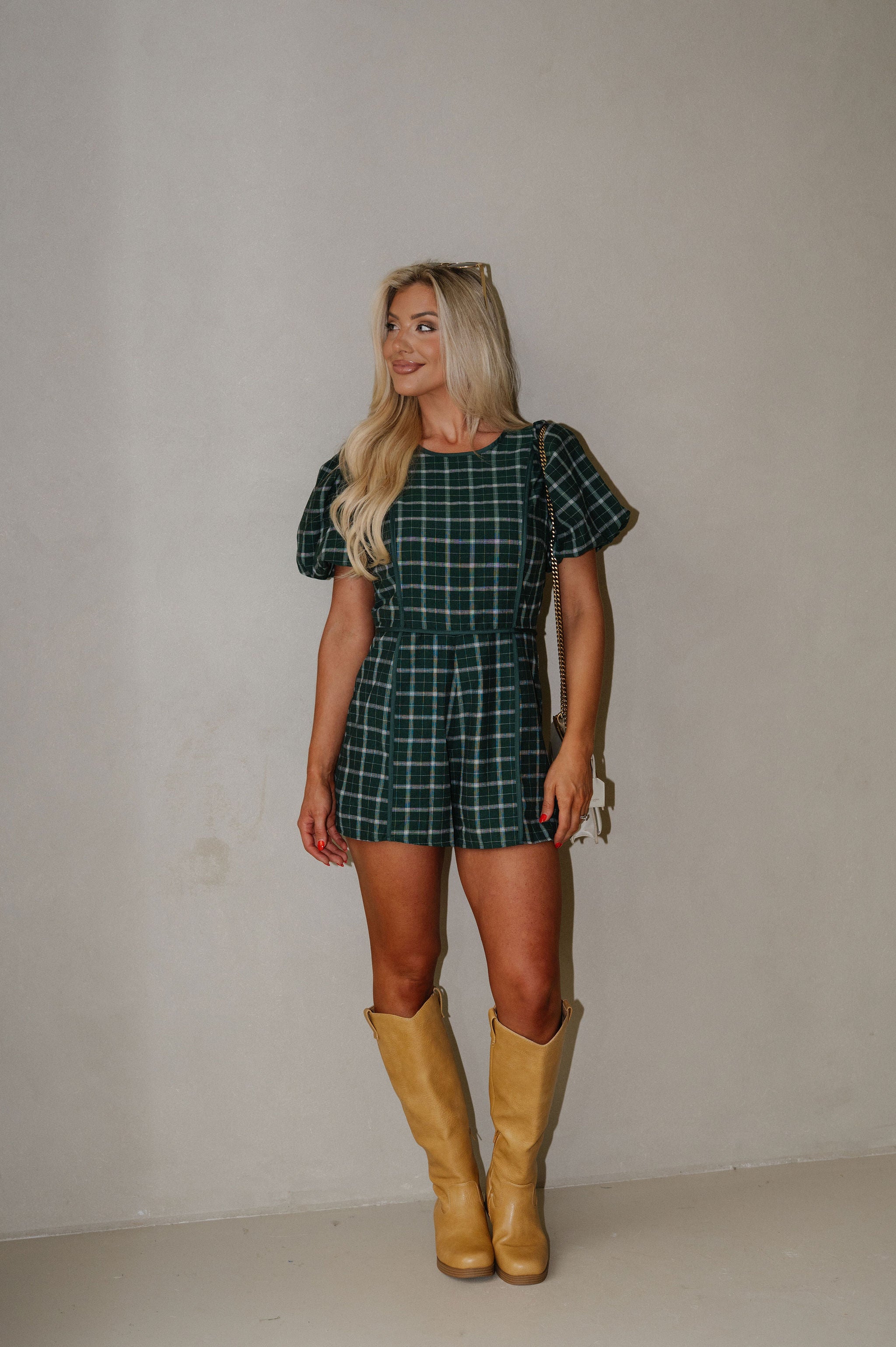Plaid Puff Sleeve Romper-Green