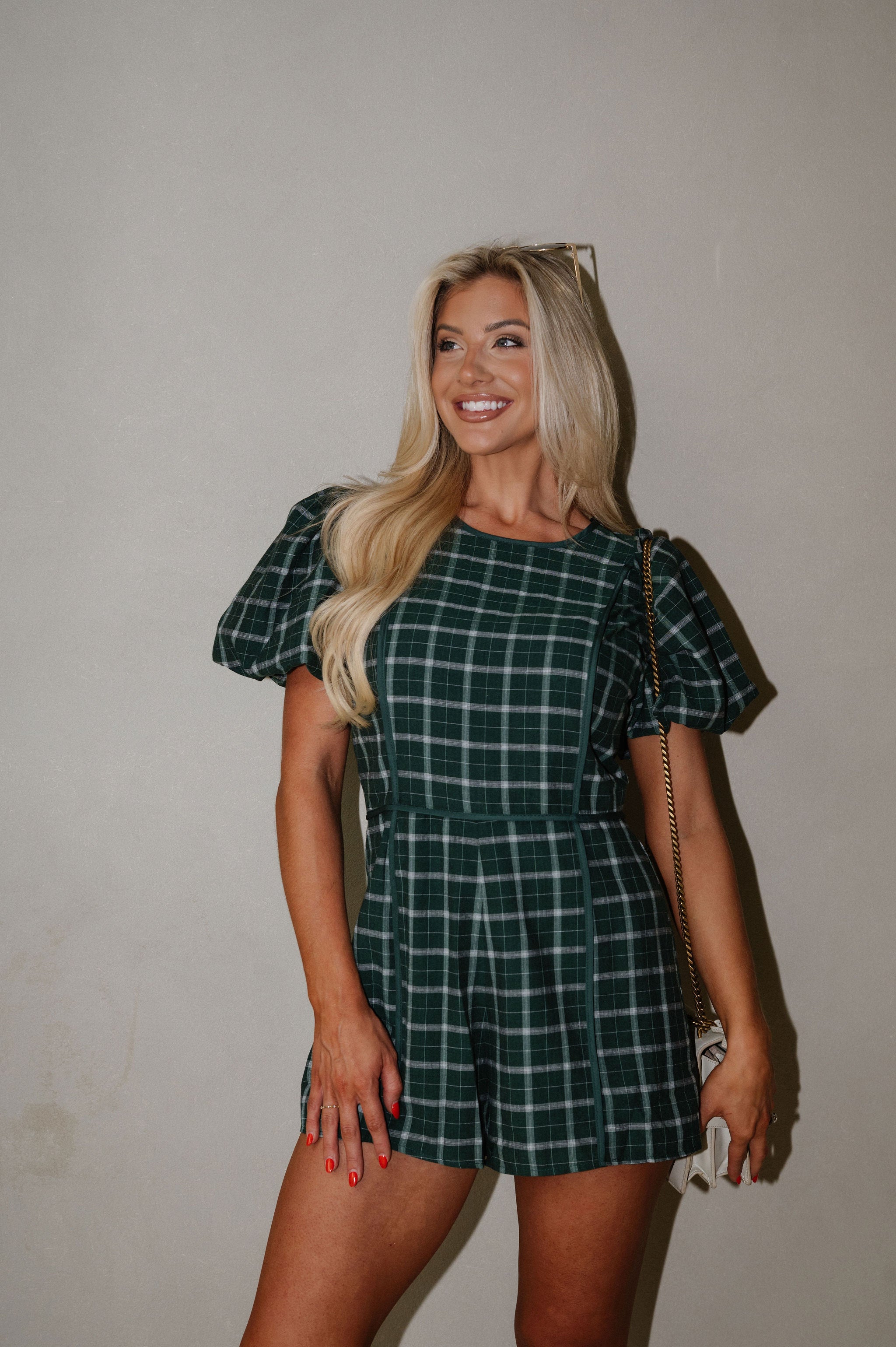 Plaid Puff Sleeve Romper-Green