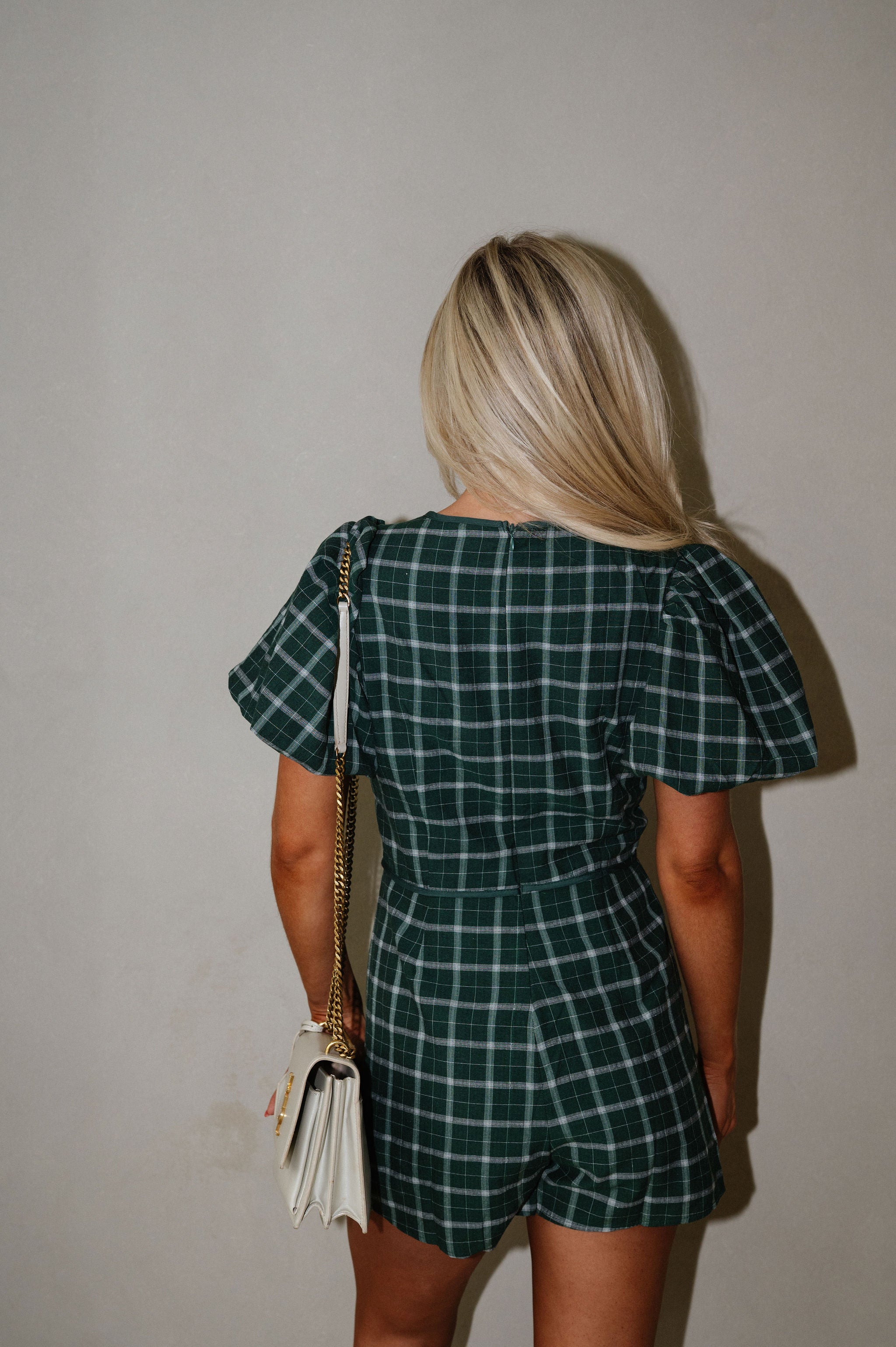 Plaid Puff Sleeve Romper-Green