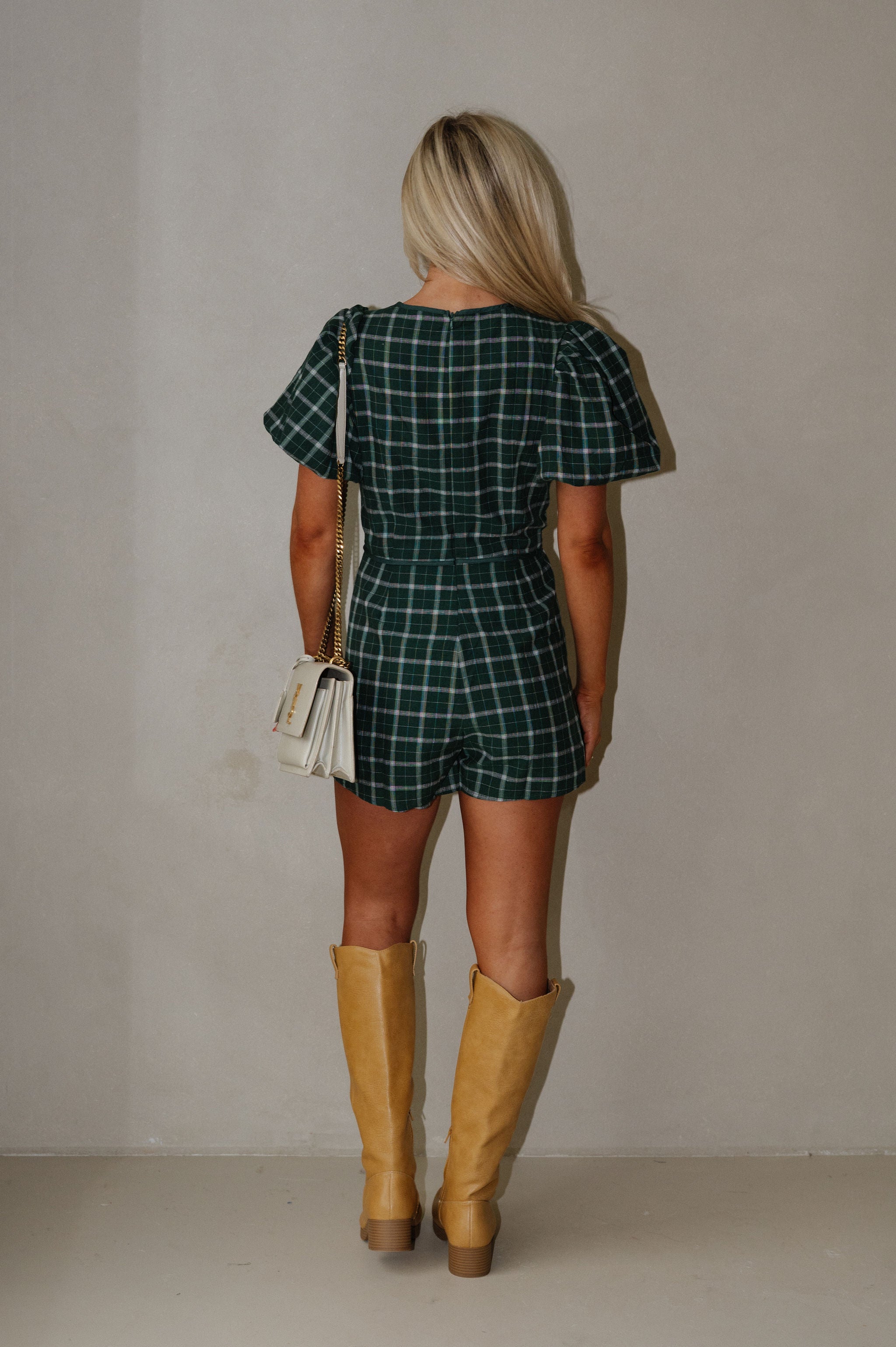 Plaid Puff Sleeve Romper-Green