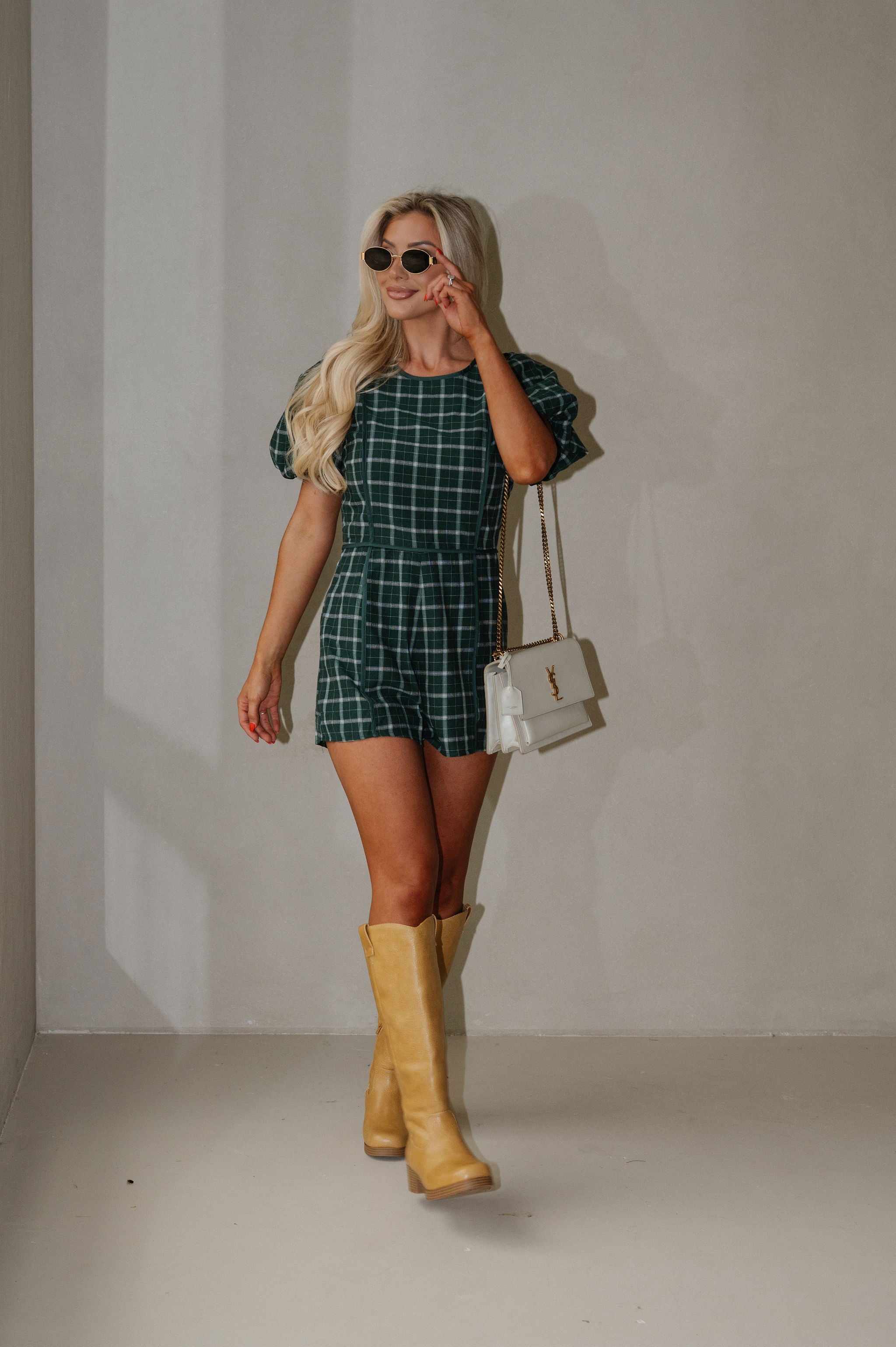 Plaid Puff Sleeve Romper-Green