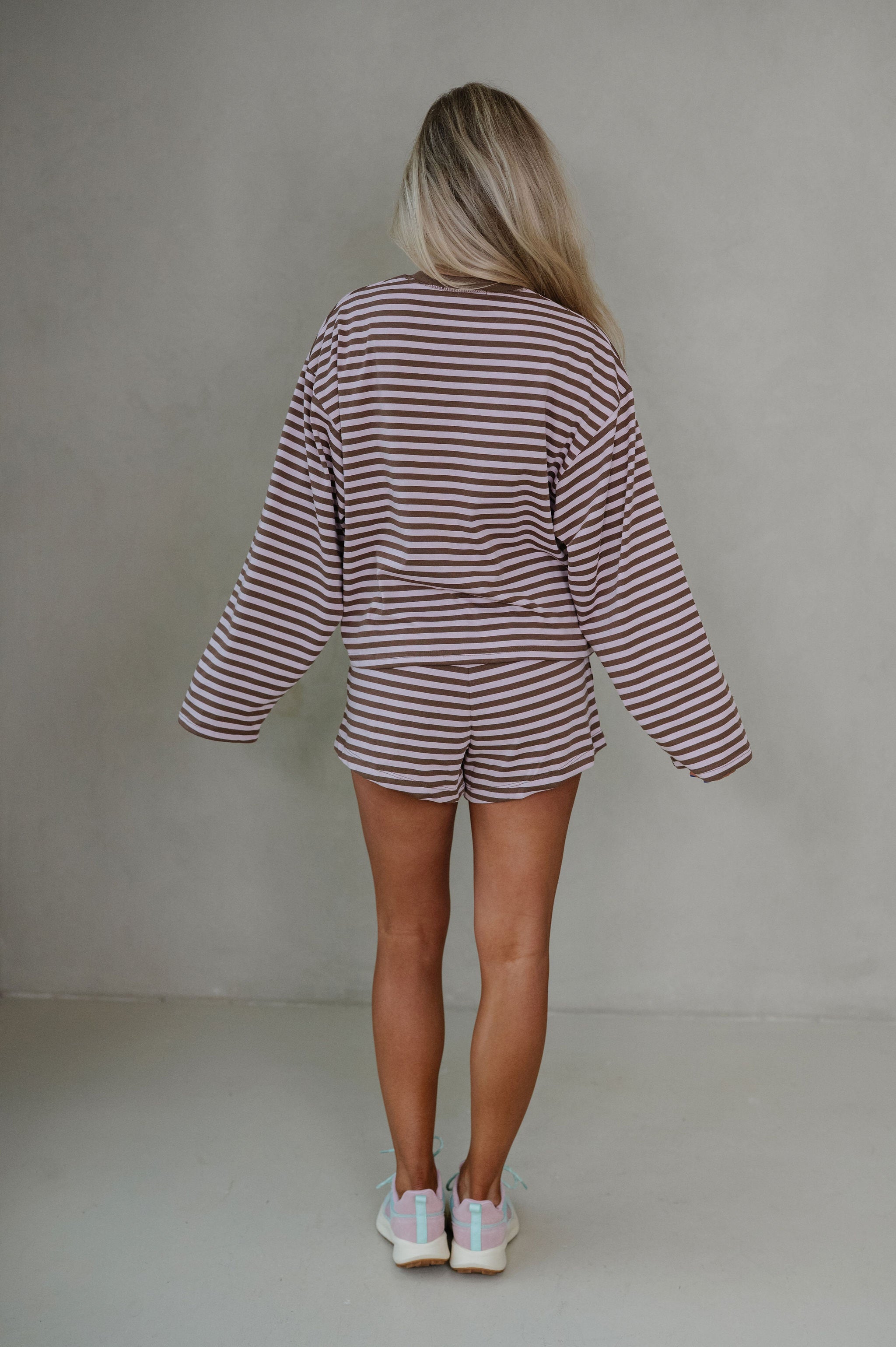 Anna Striped Shorts Set-Pink/Brown