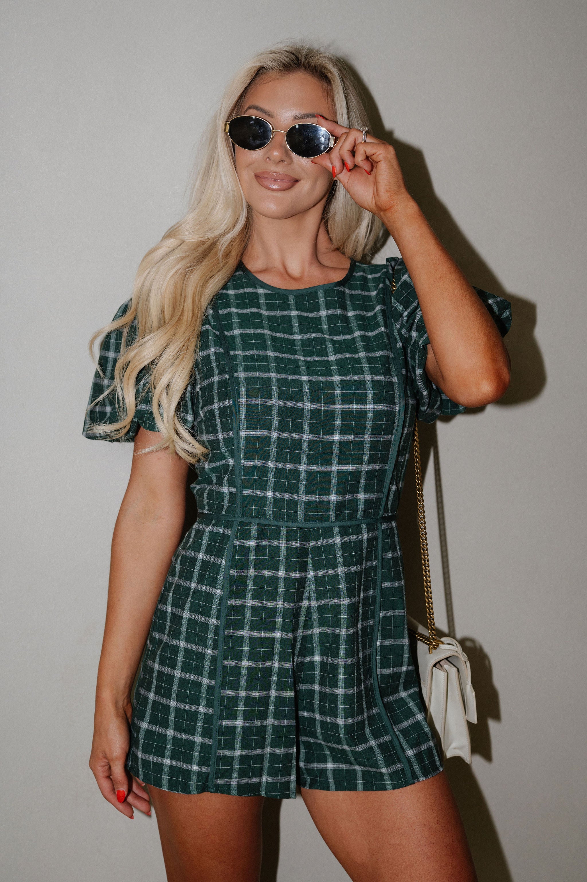 Plaid Puff Sleeve Romper-Green