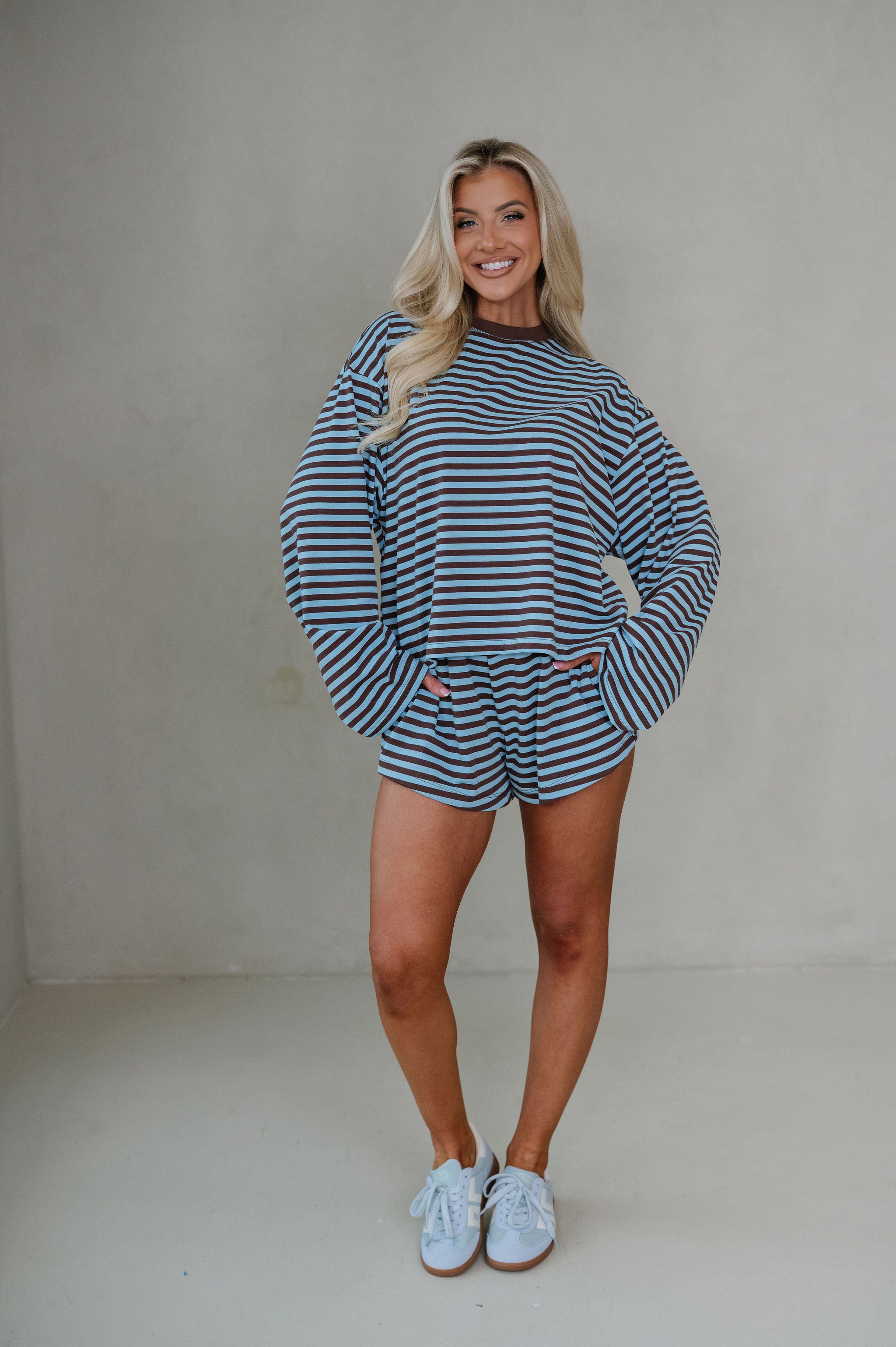 Anna Striped Shorts Set-Light Blue/Brown