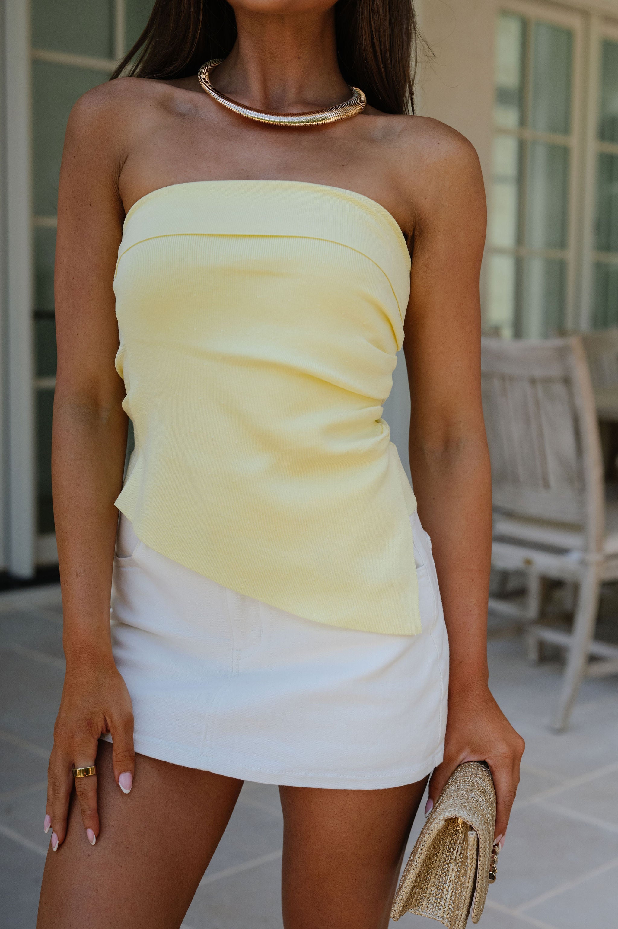 Margot Strapless Ruched Top-Lemon
