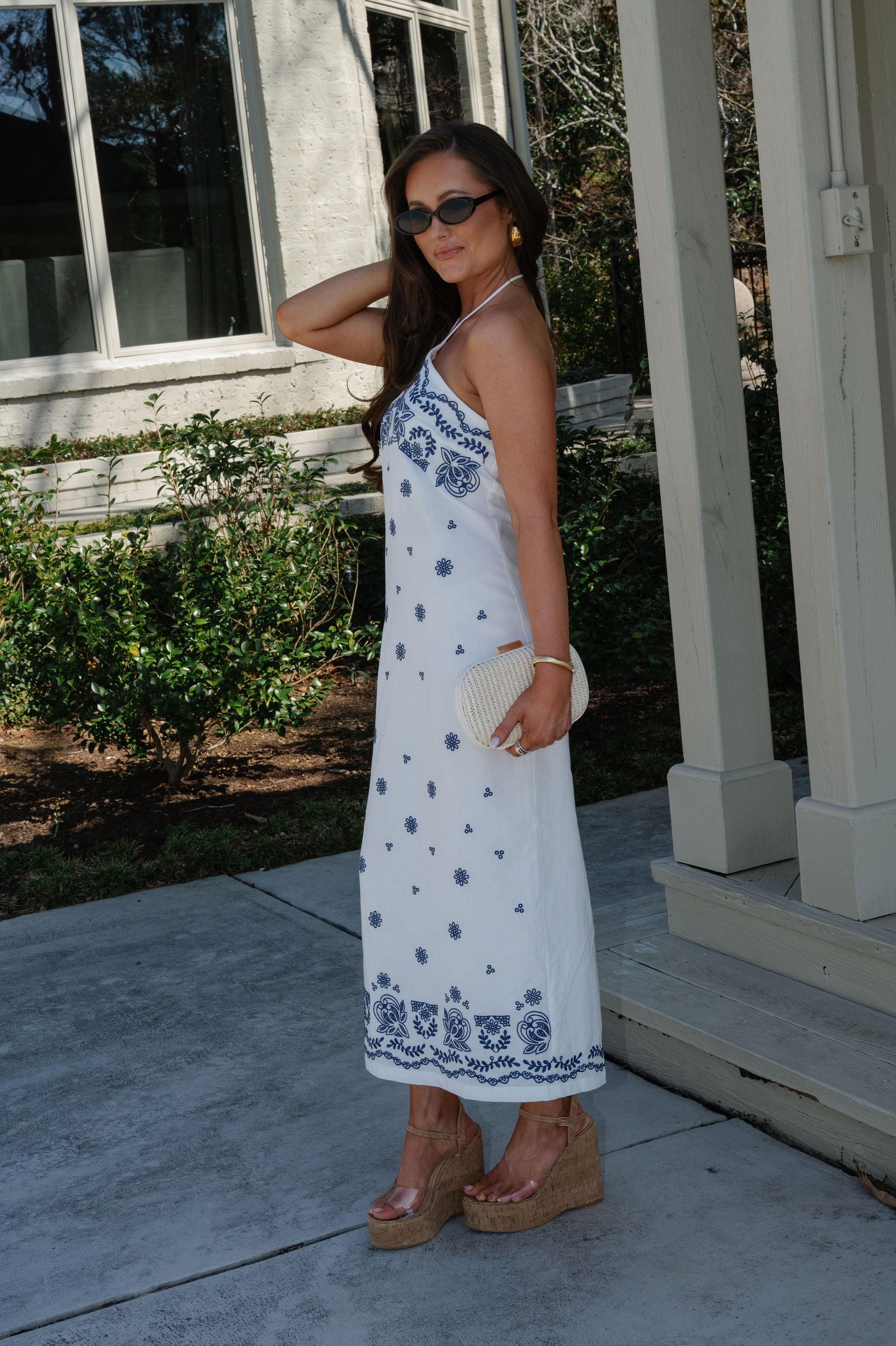 Tristan Embroidered Midi Dress-Off White/Blue