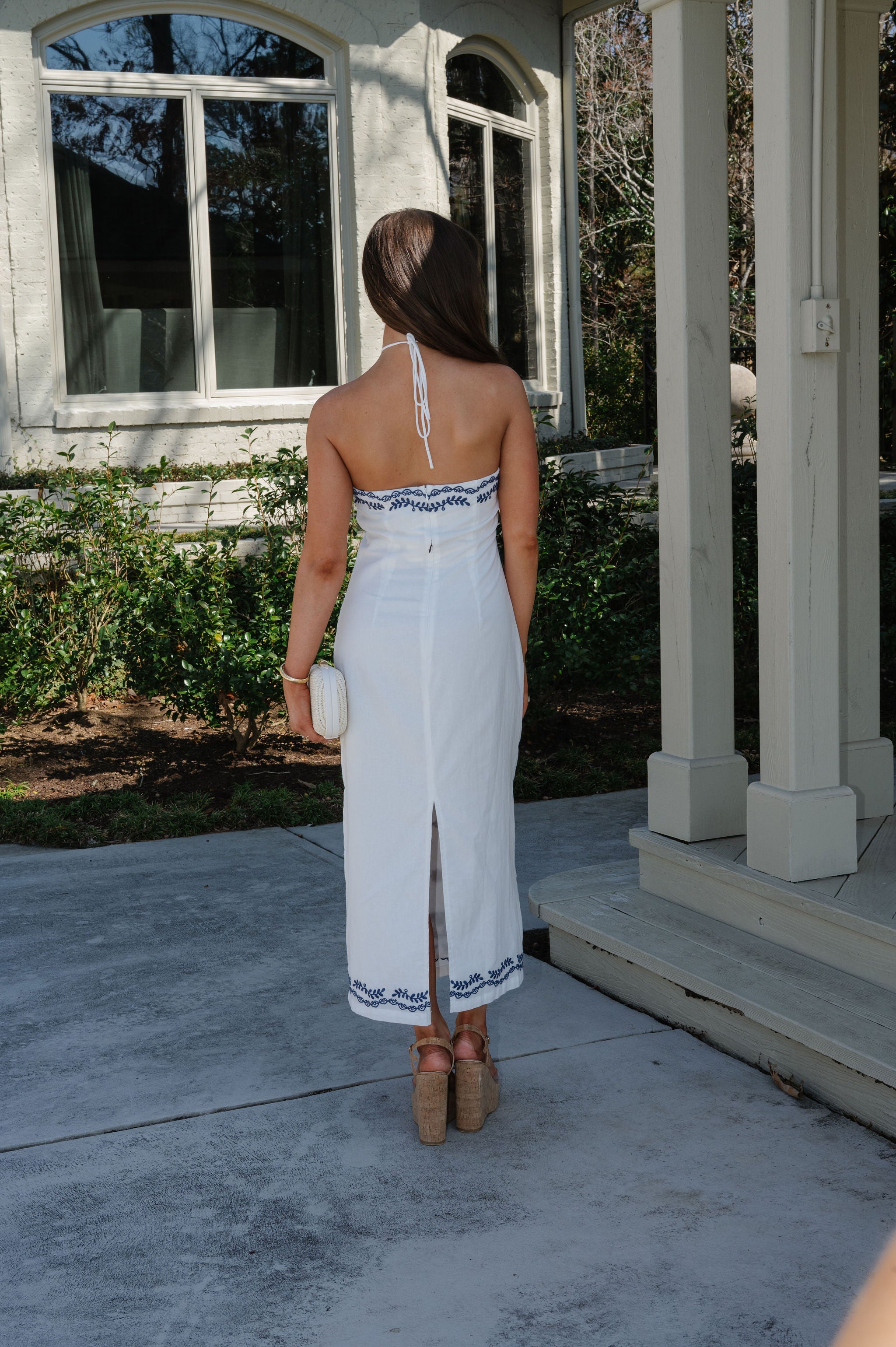 Tristan Embroidered Midi Dress-Off White/Blue