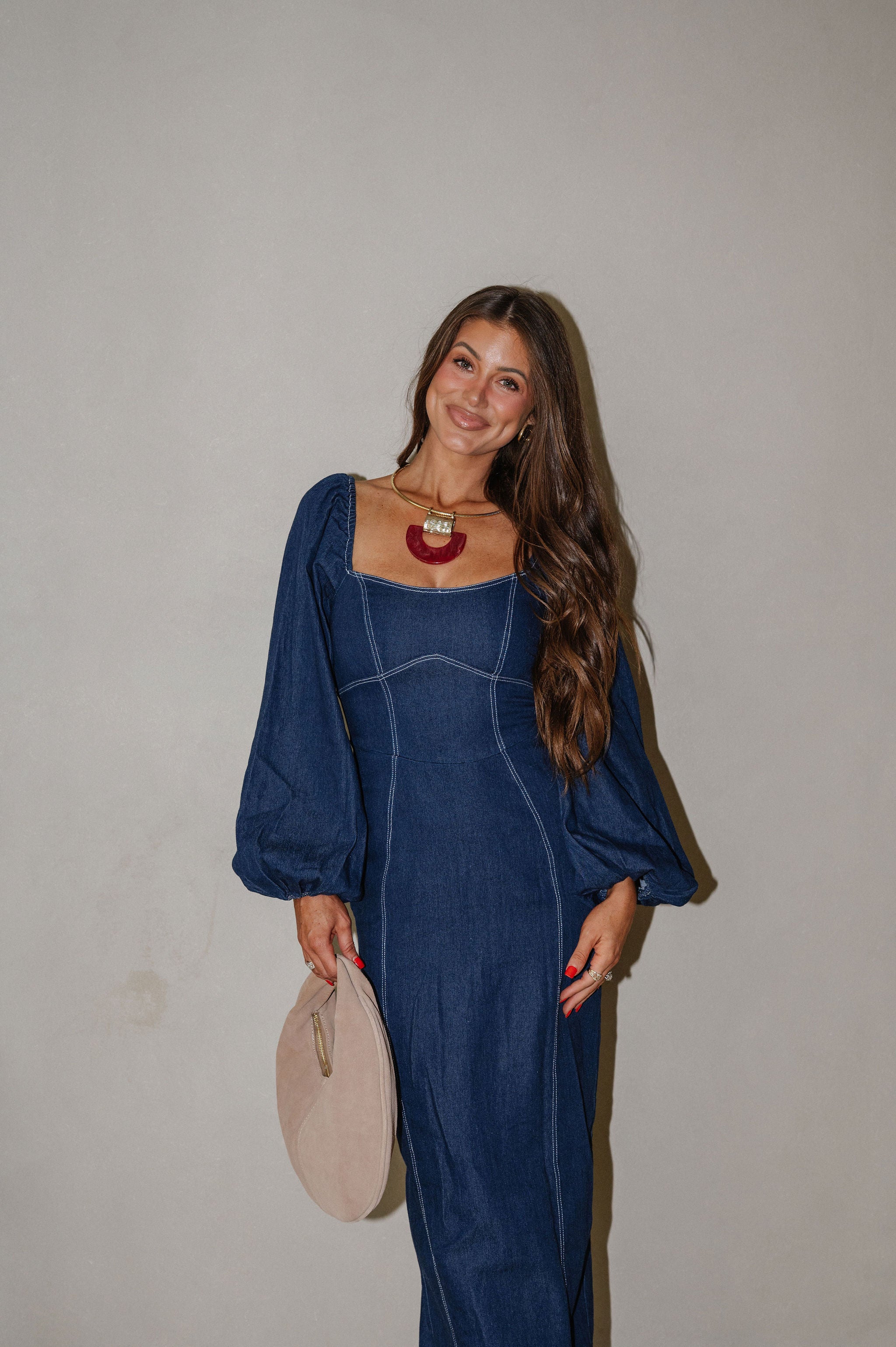 Balloon Sleeve Midi Dress-Indigo
