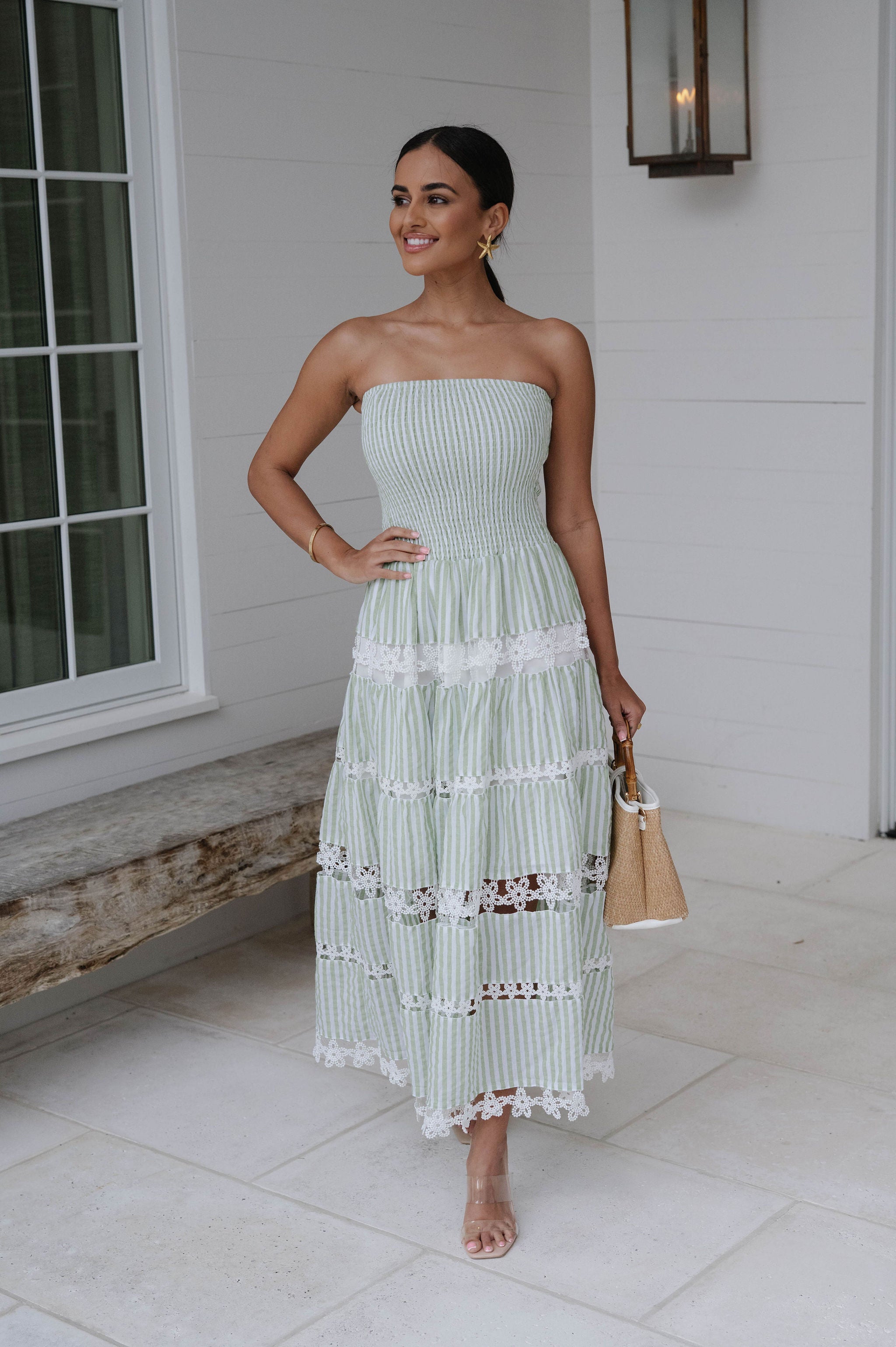 Striped Floral Lace Tube Dress-Sage