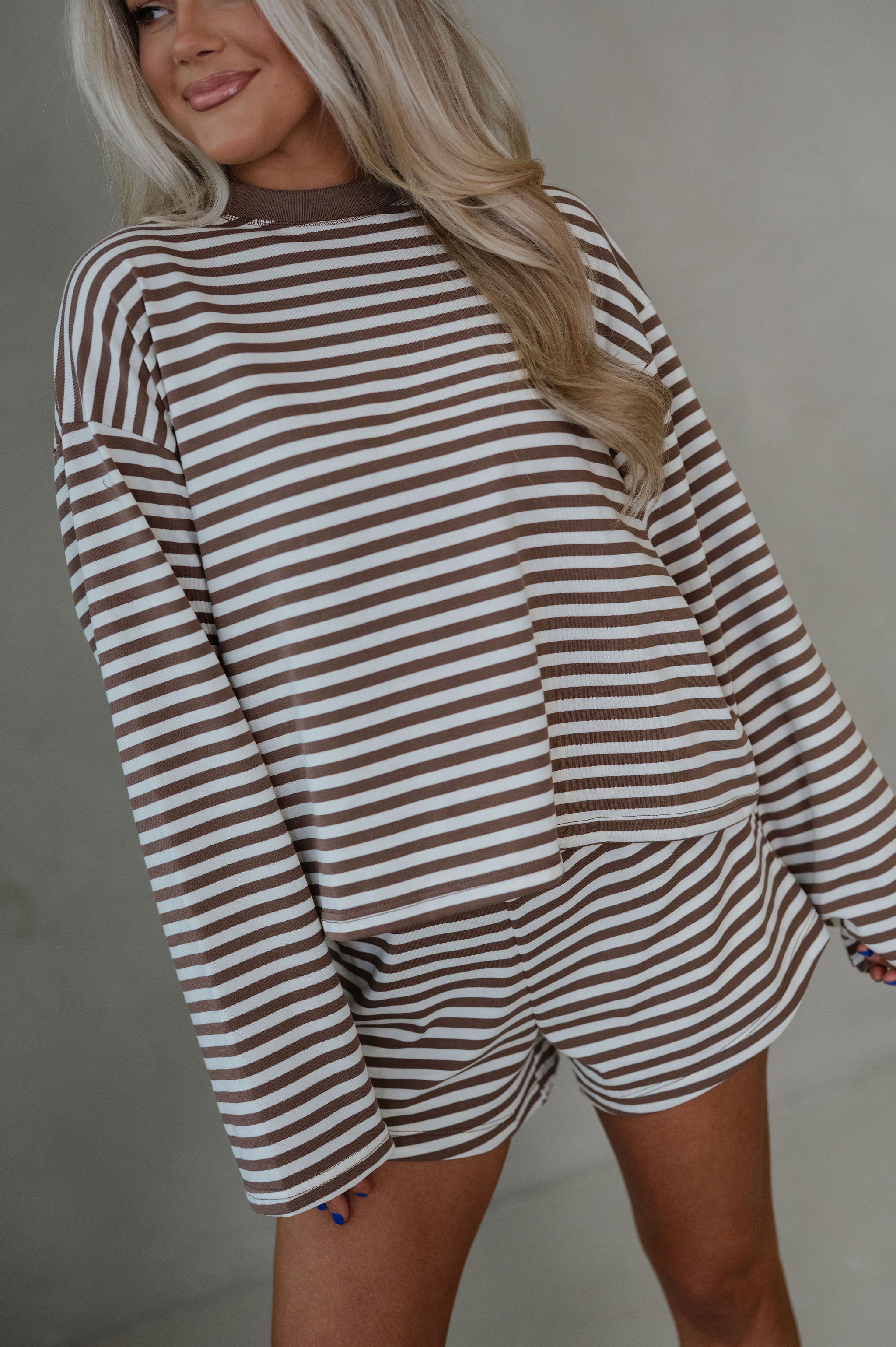 Anna Striped Shorts Set-Brown/Yellow