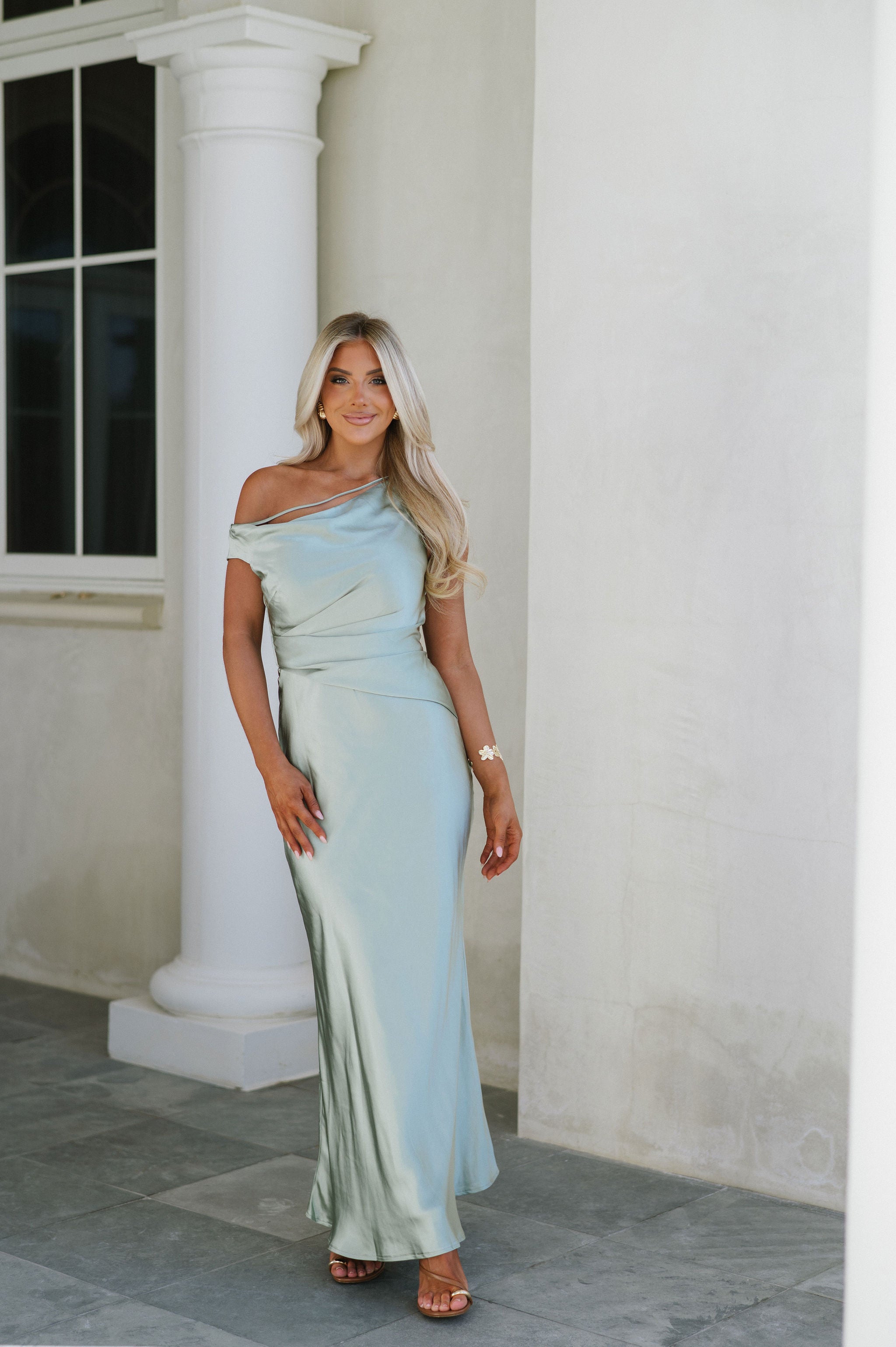 Rue Metallic Satin Dress-Sage