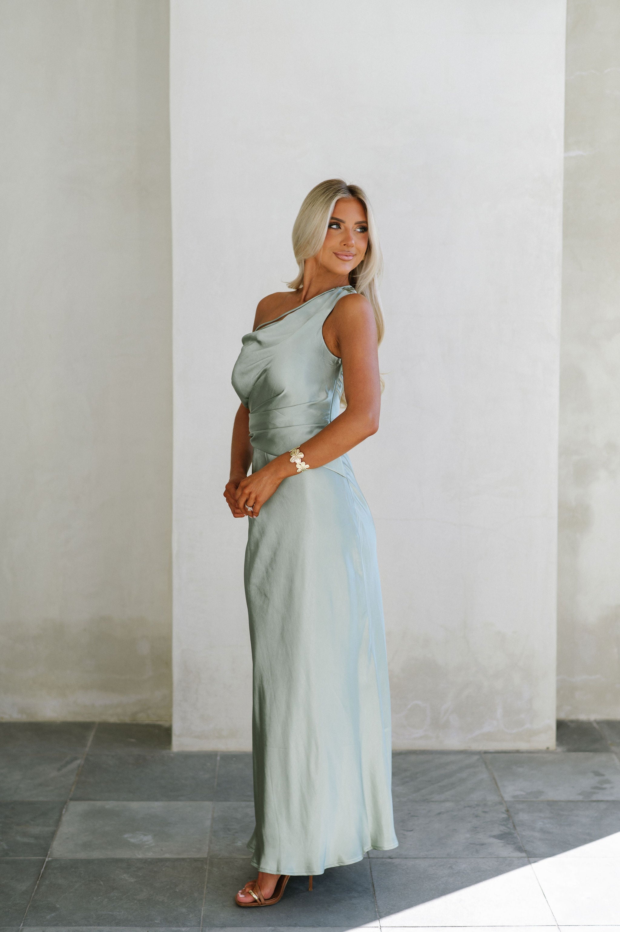 Rue Metallic Satin Dress-Sage