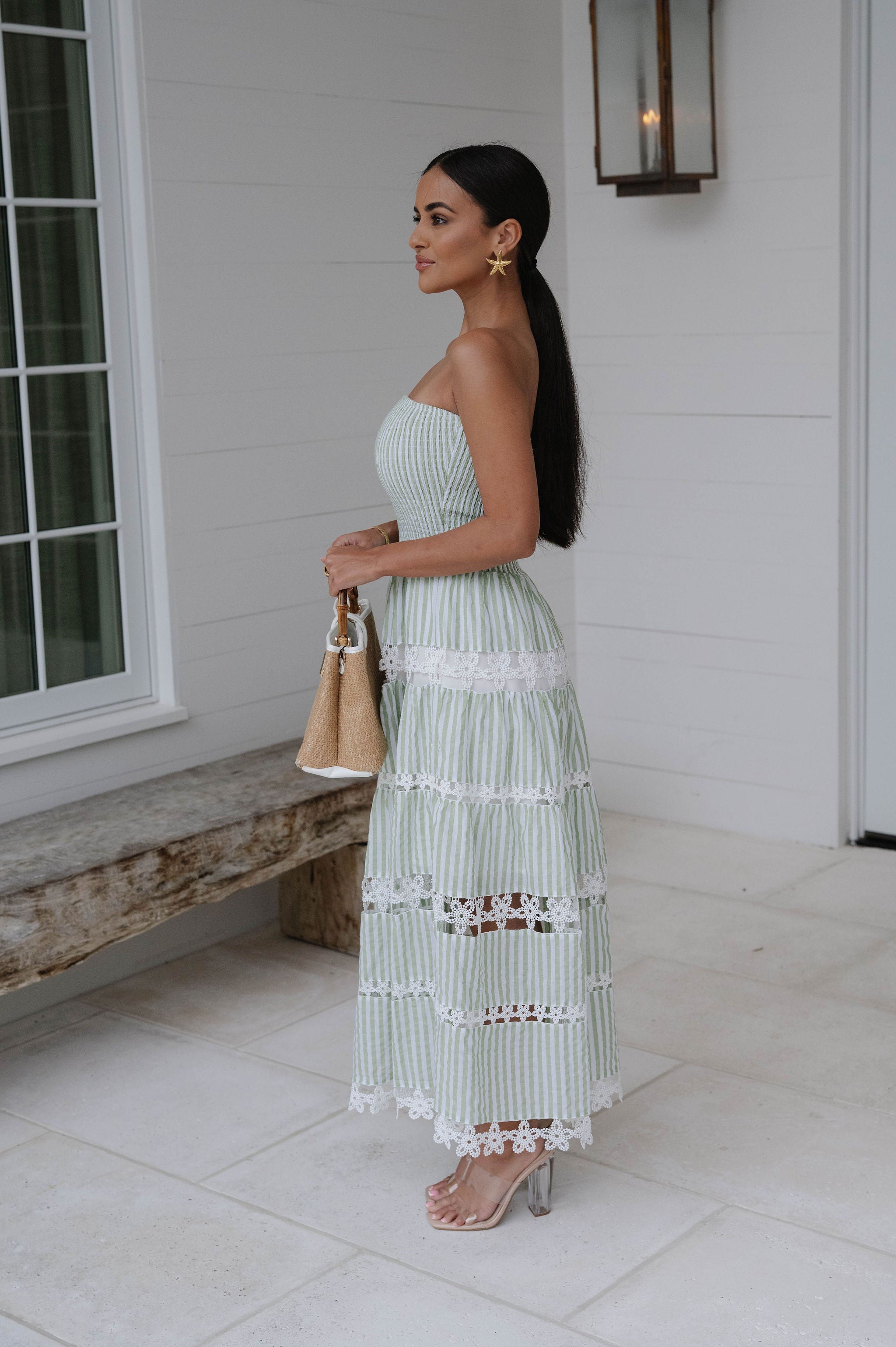 Striped Floral Lace Tube Dress-Sage