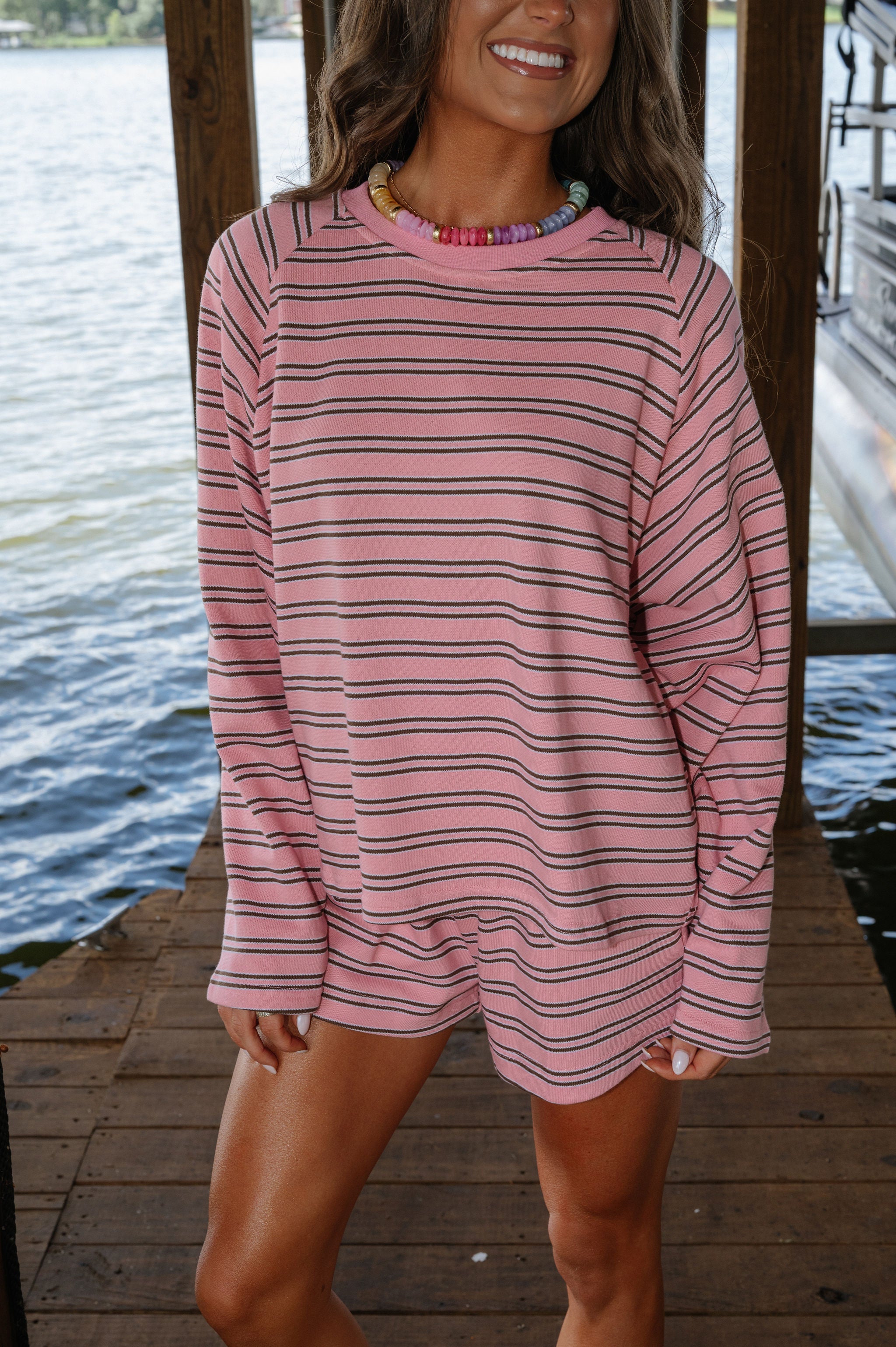 Jenny Striped Short Set-Pink/Brown