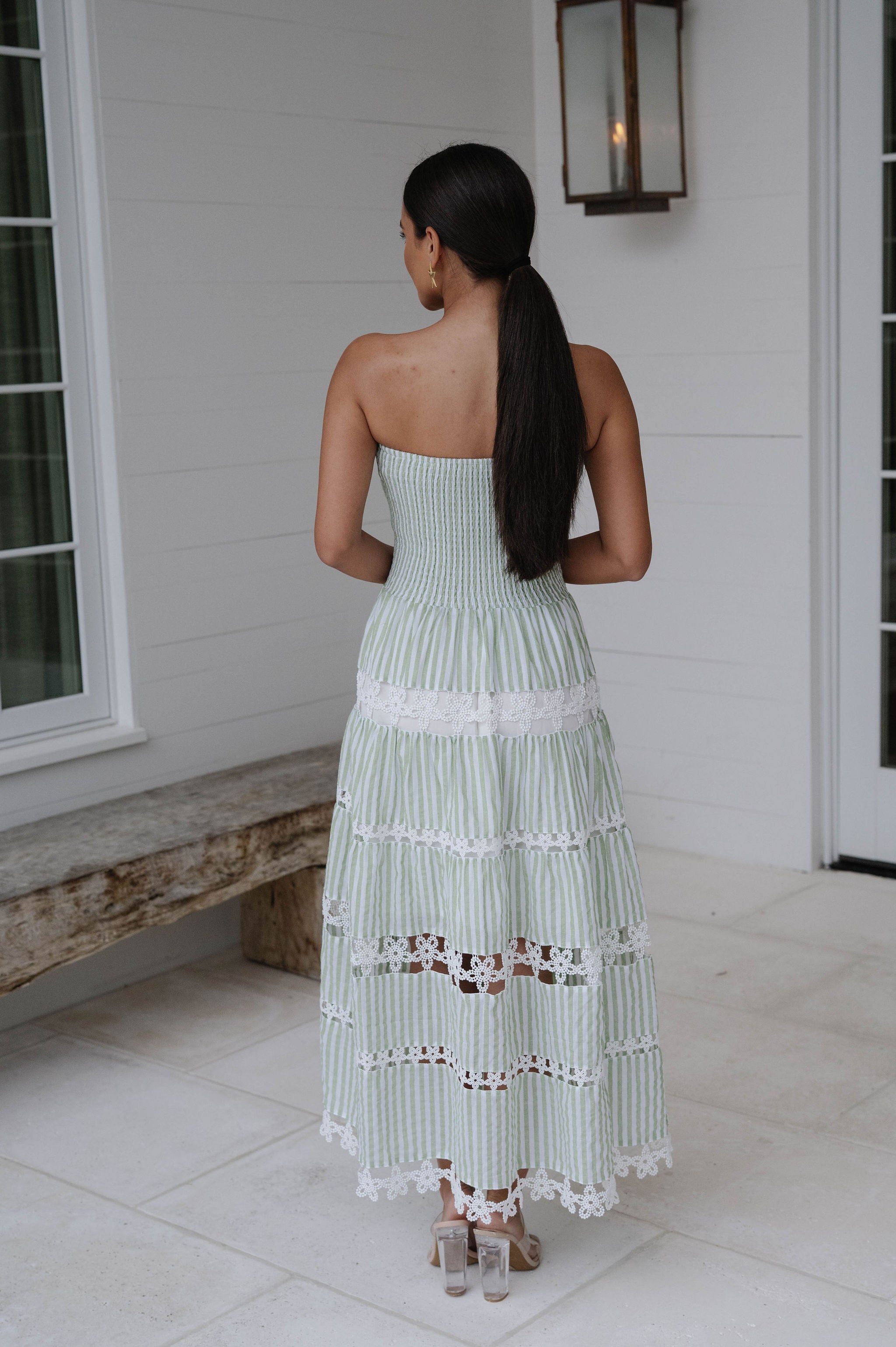 Striped Floral Lace Tube Dress-Sage