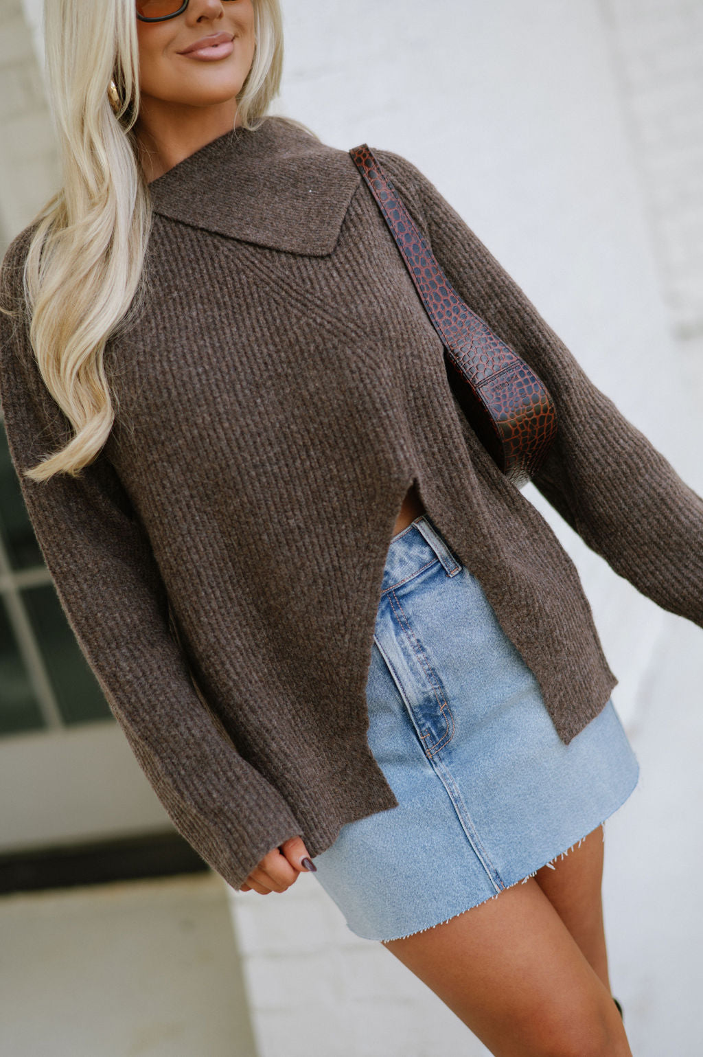 Asymmetrical Ribbed Sweater-Brown