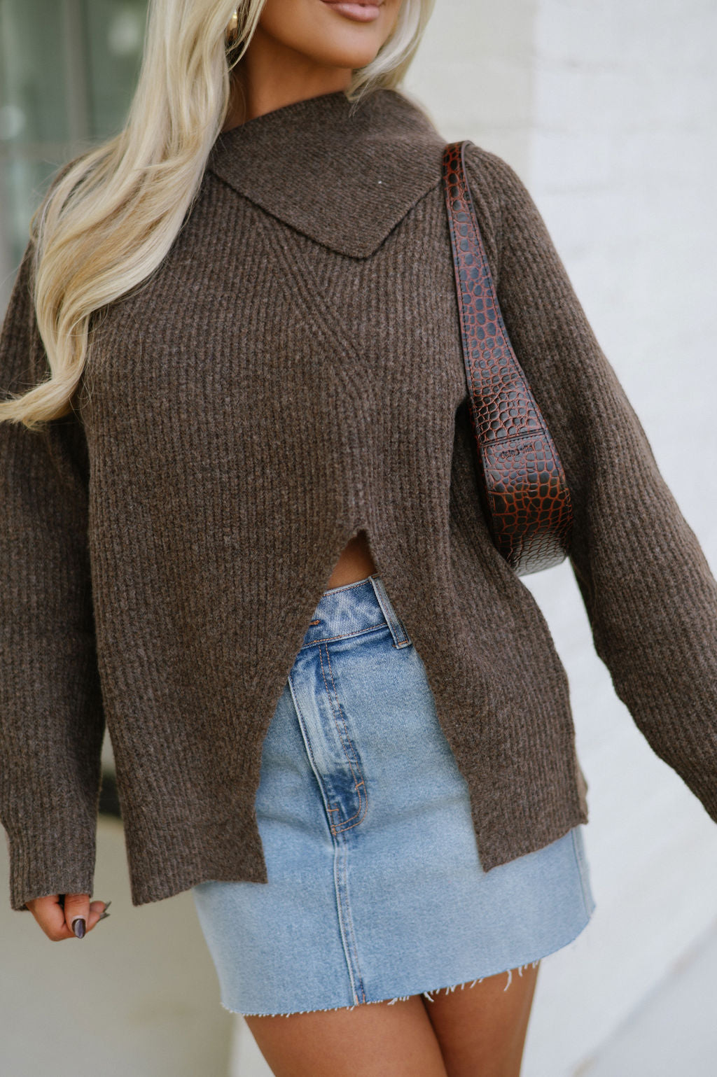 Asymmetrical Ribbed Sweater-Brown