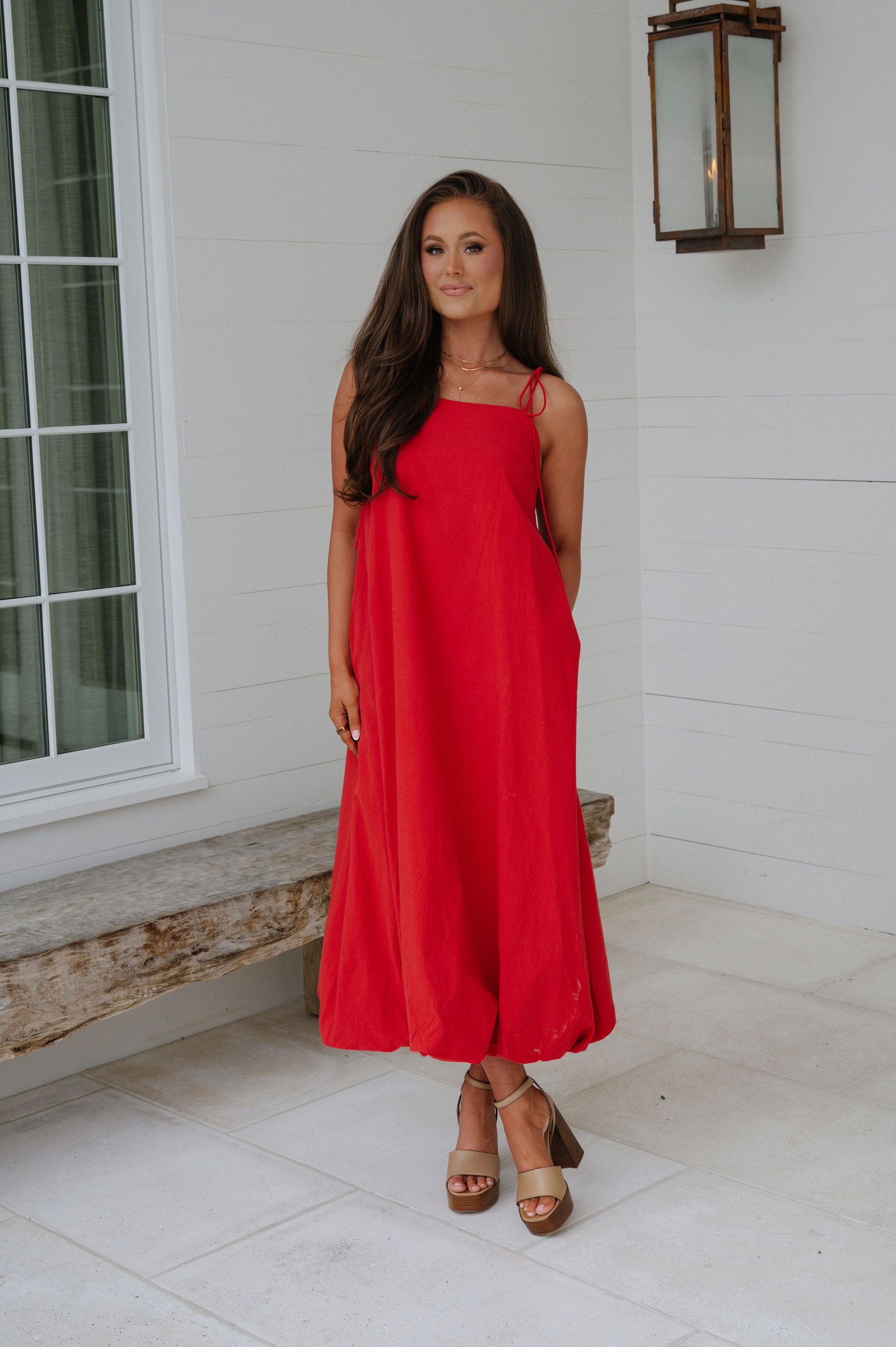 Bubble Hem Midi Dress- Red