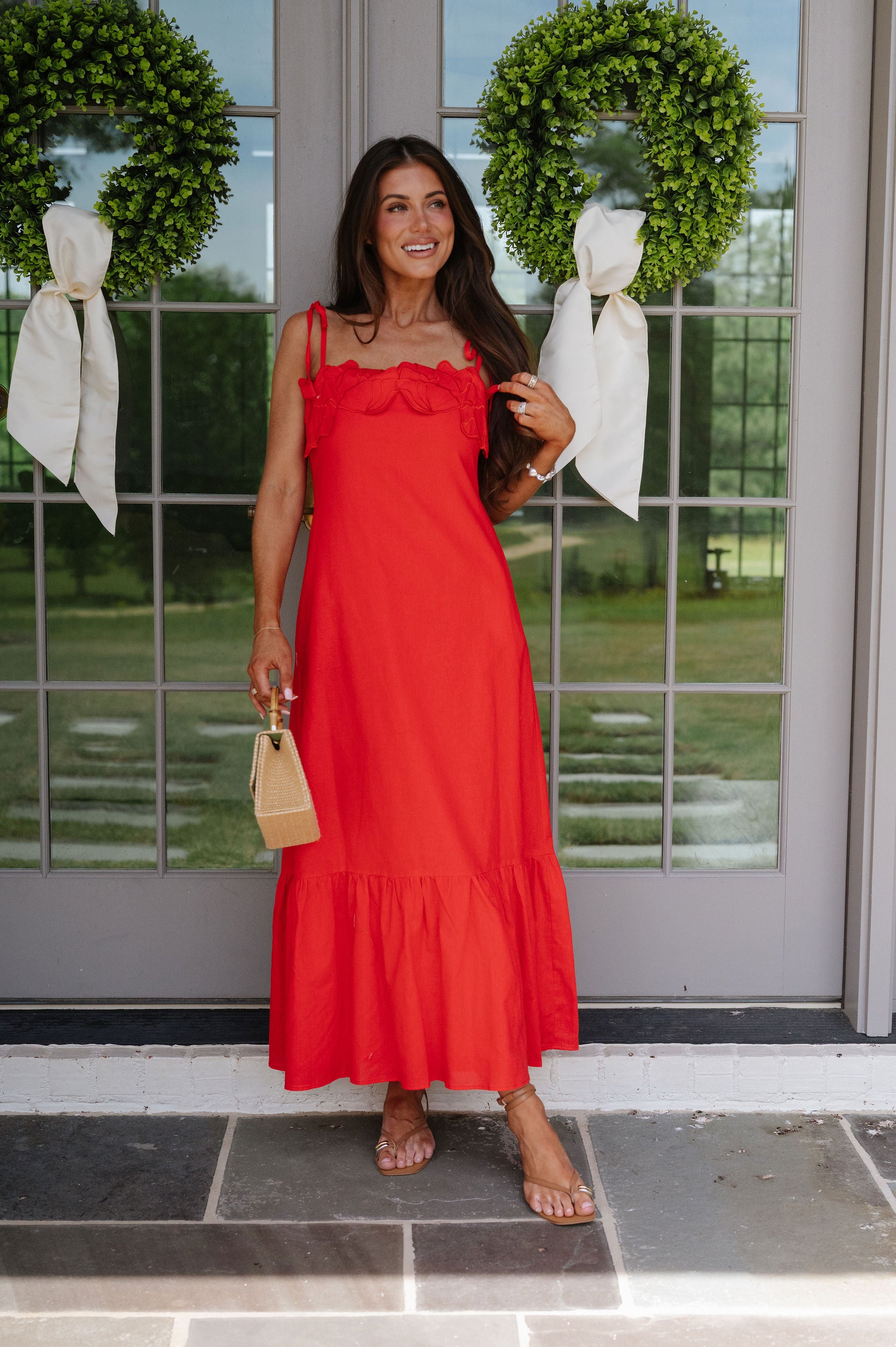 Hanna Embellished Midi Dress-Red