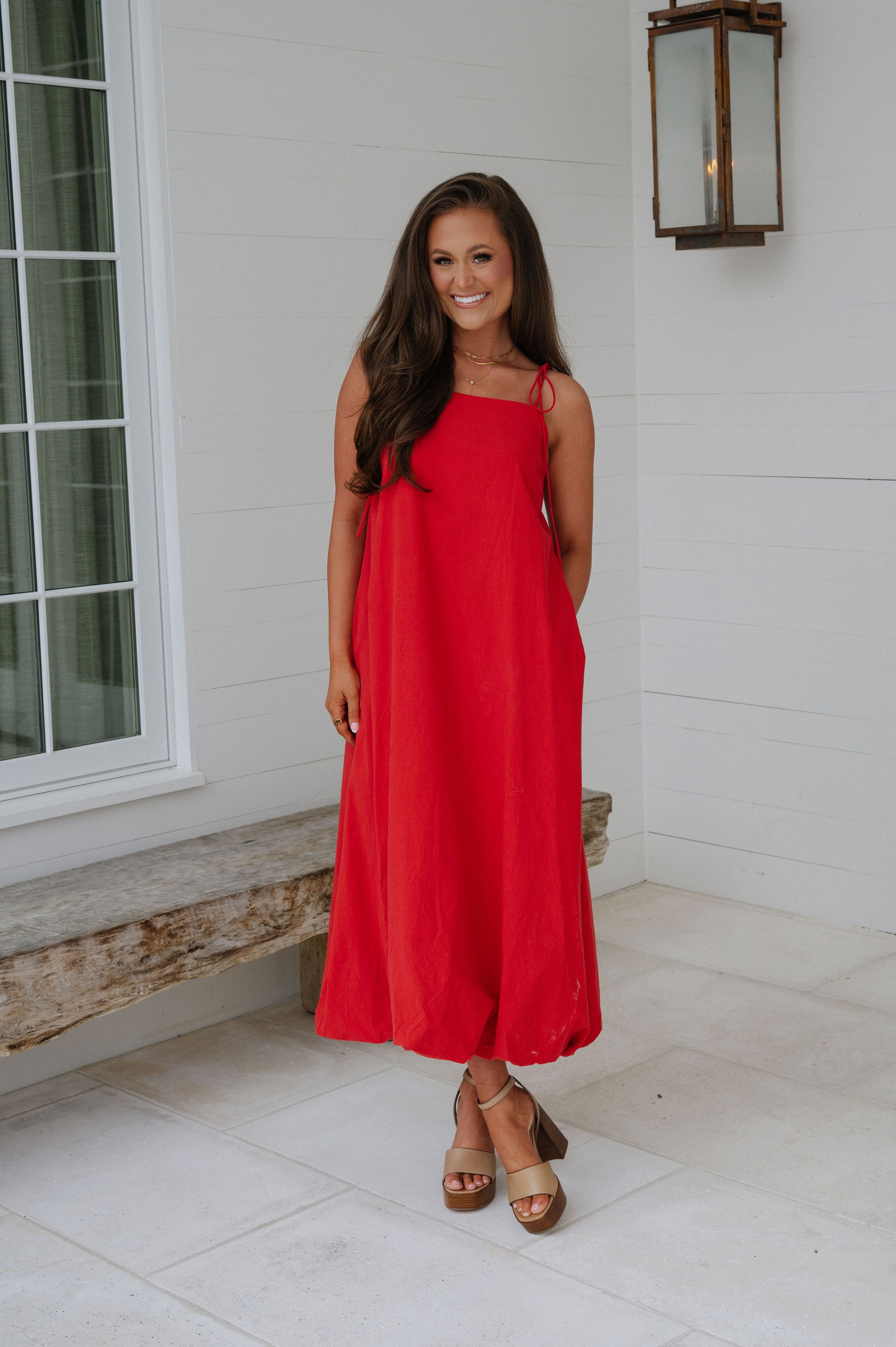Bubble Hem Midi Dress- Red