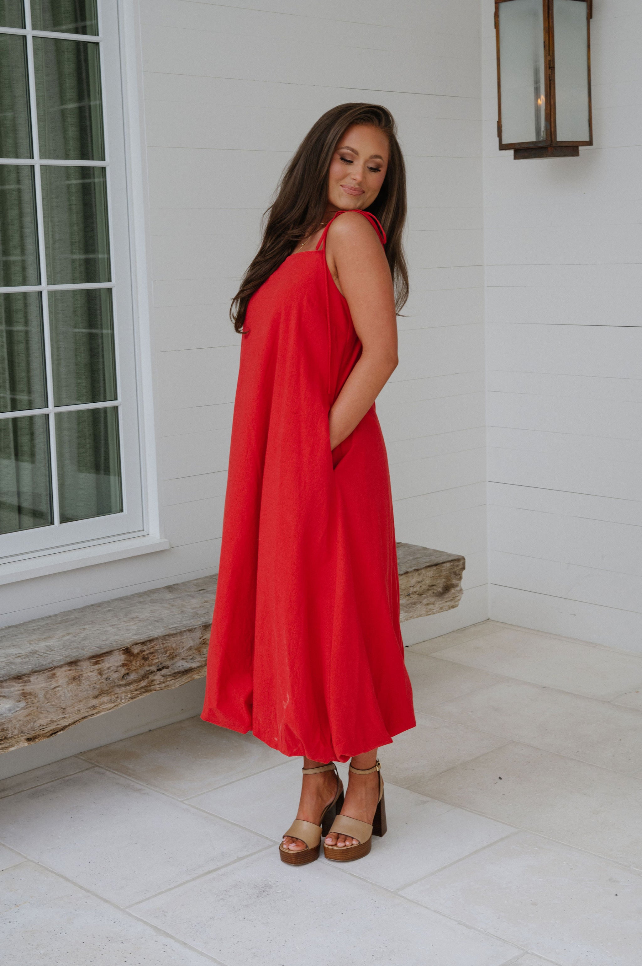 Bubble Hem Midi Dress- Red