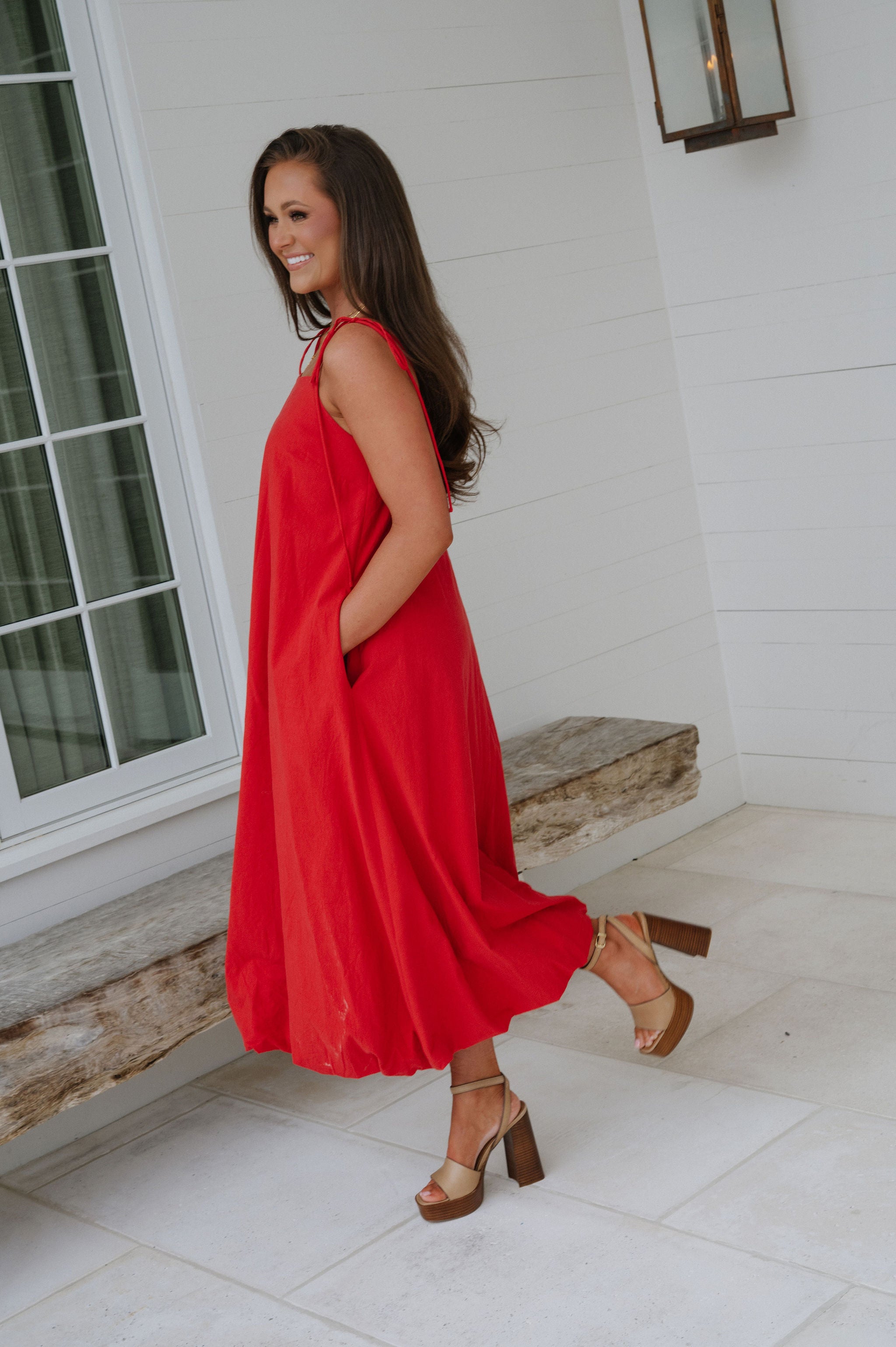 Bubble Hem Midi Dress- Red