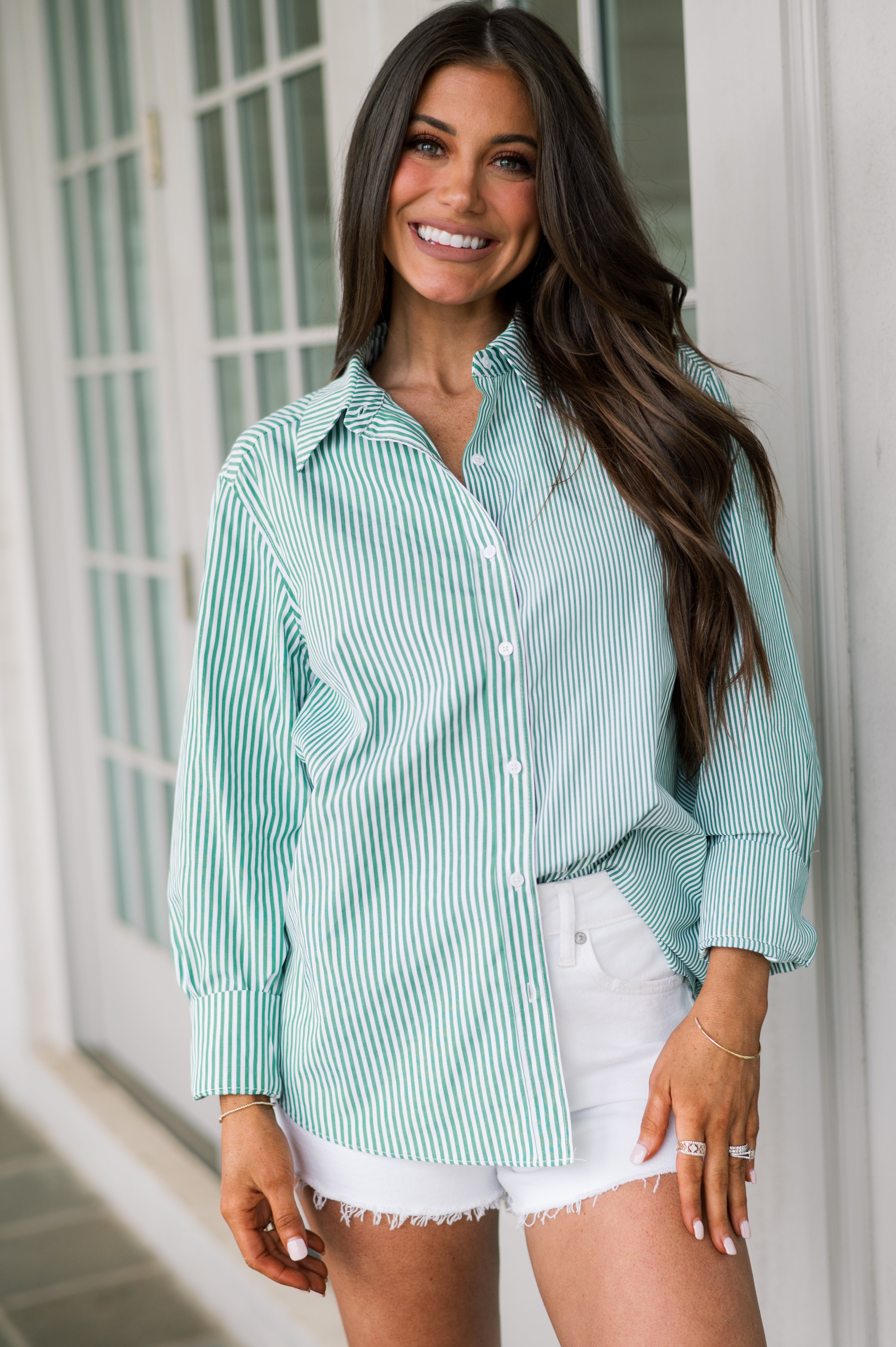 Sara Stripe Cotton Shirt-Kelly Green