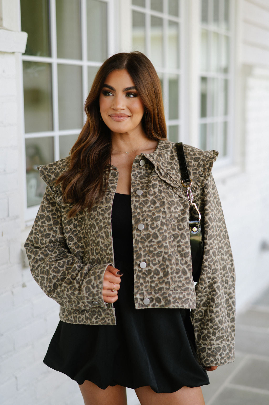 Ruffle Collar Denim Jacket-Leopard