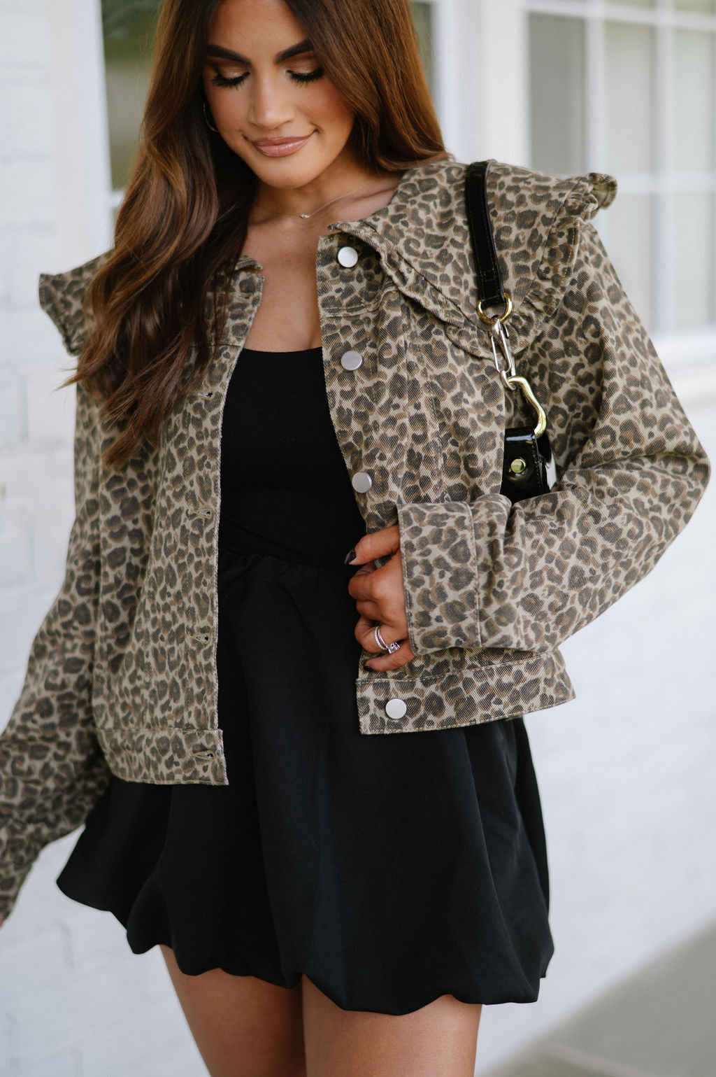 Ruffle Collar Denim Jacket-Leopard