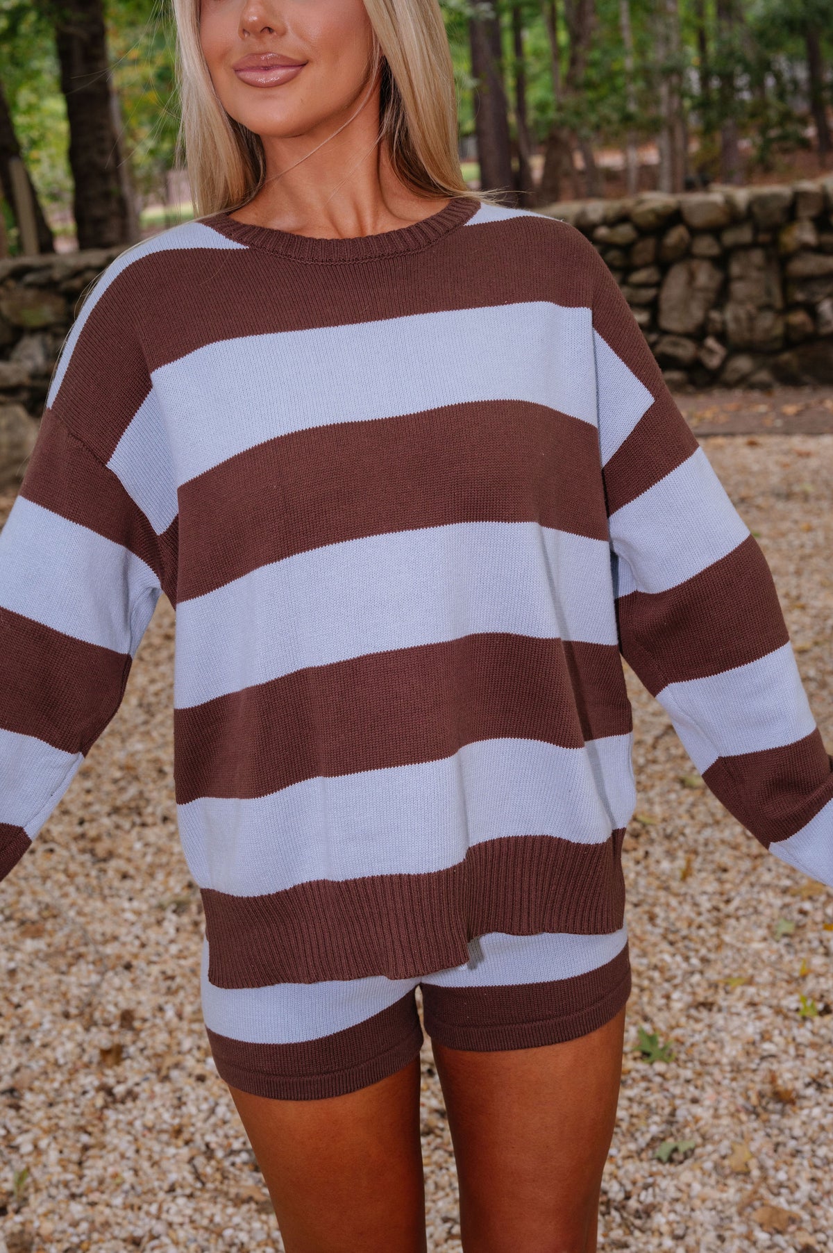 Haven Striped Short Set-Brown/Light Blue