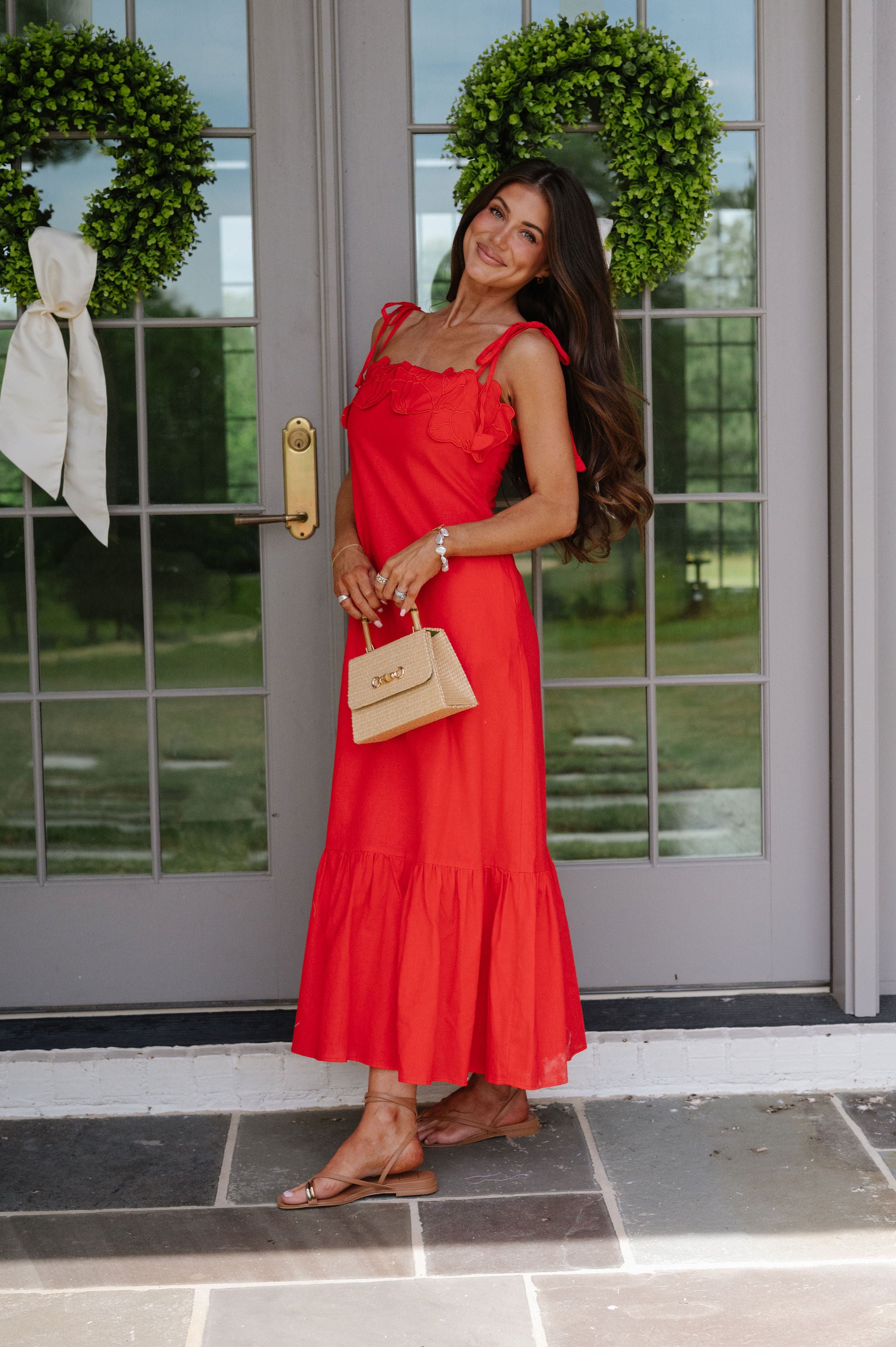 Hanna Embellished Midi Dress-Red