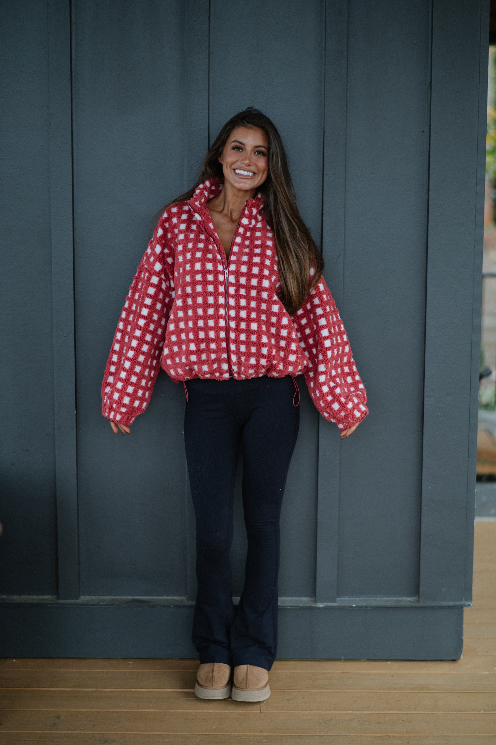 Fuzzy Checkered Sherpa Jacket-Burnt Red Multi