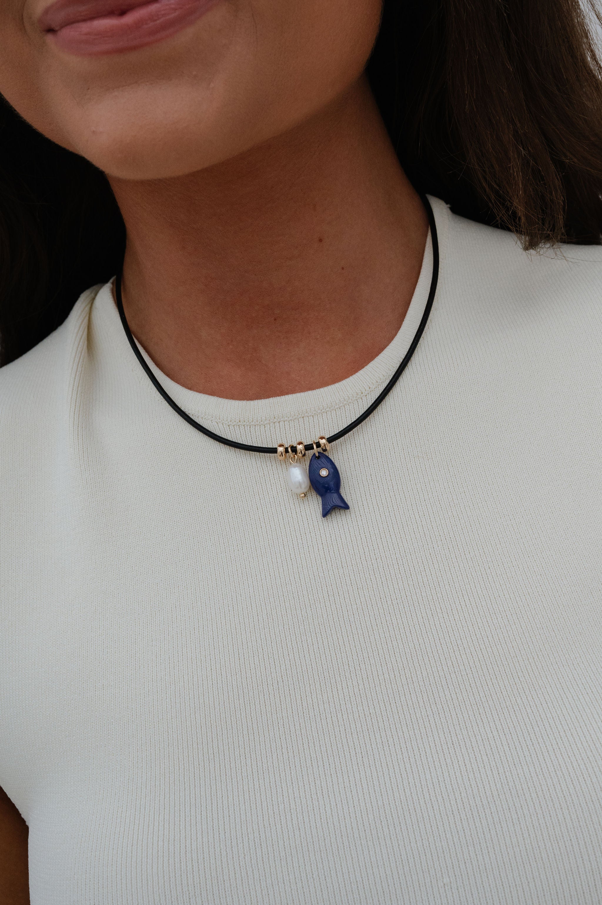 Fish Leather Necklace-Navy/Black