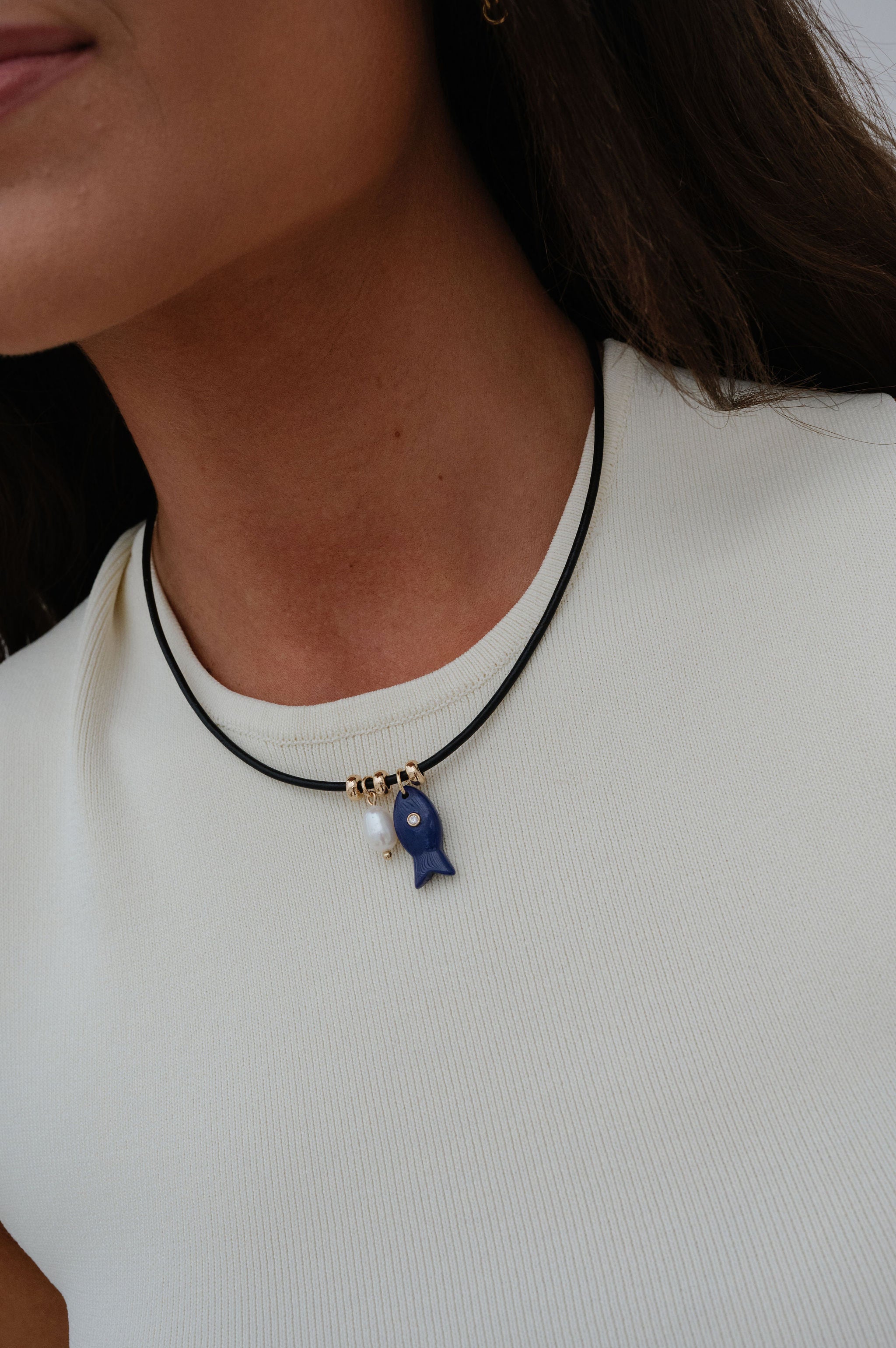 Fish Leather Necklace-Navy/Black