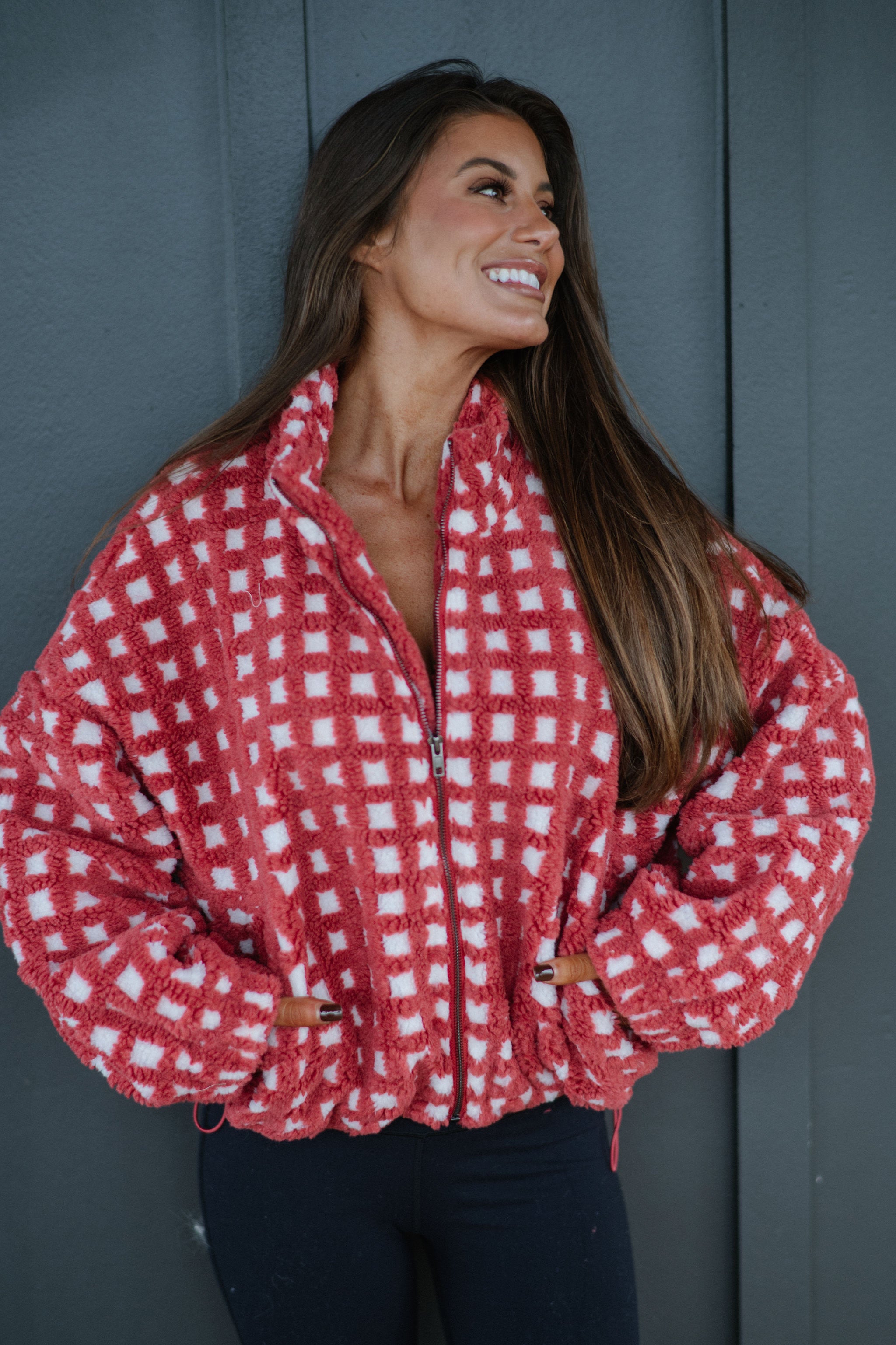 Fuzzy Checkered Sherpa Jacket-Burnt Red Multi