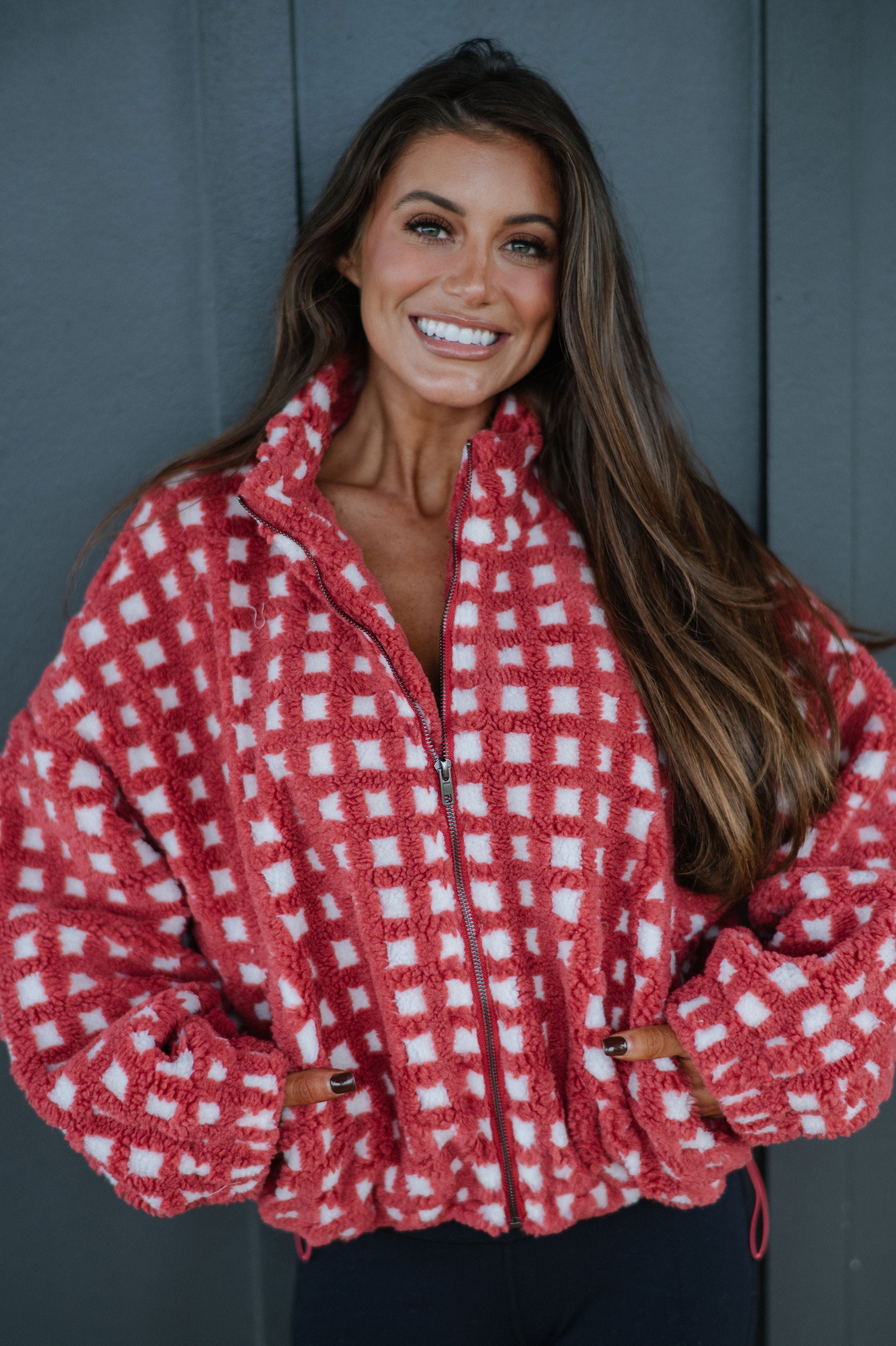 Fuzzy Checkered Sherpa Jacket-Burnt Red Multi