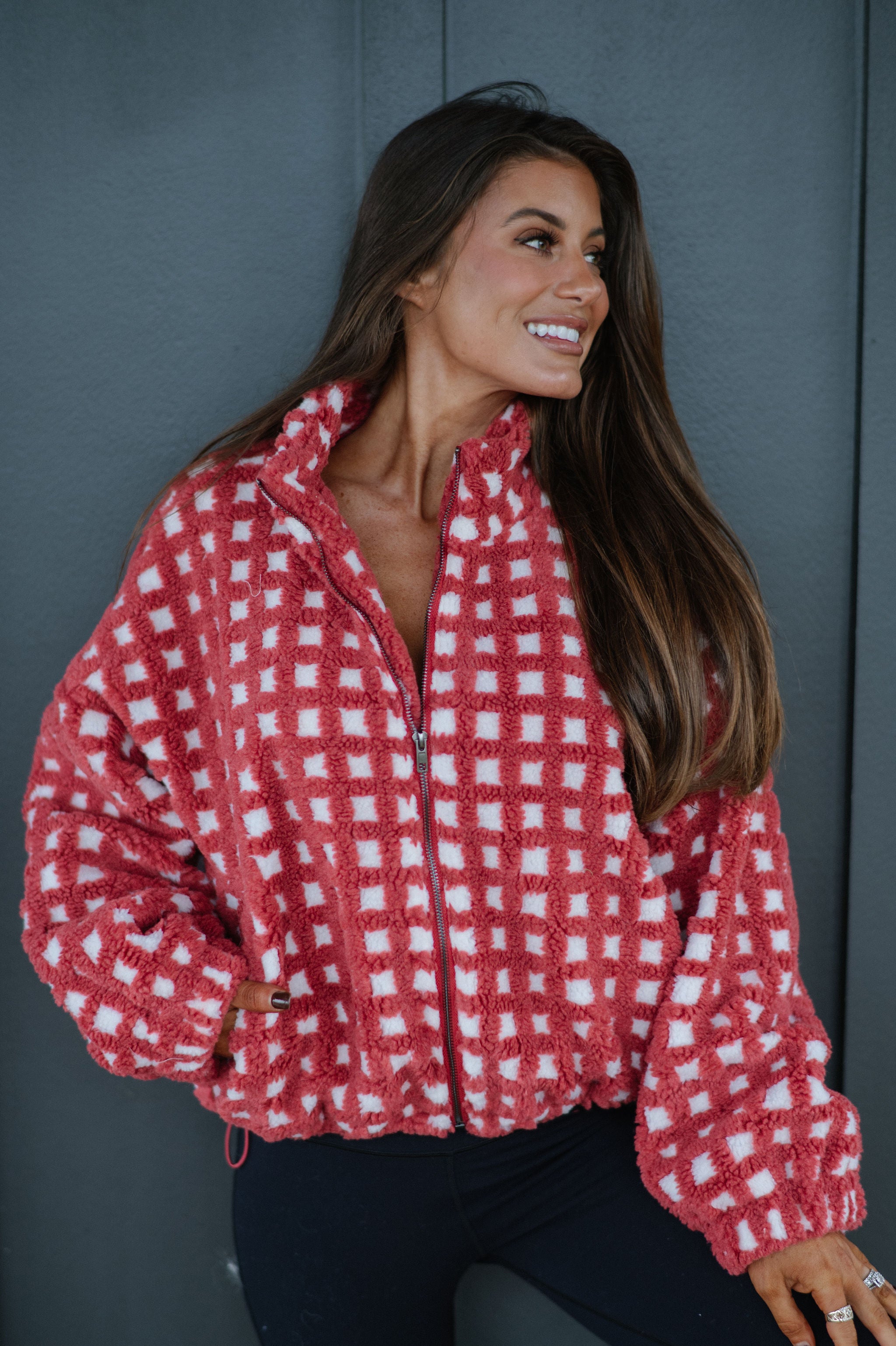 Fuzzy Checkered Sherpa Jacket-Burnt Red Multi